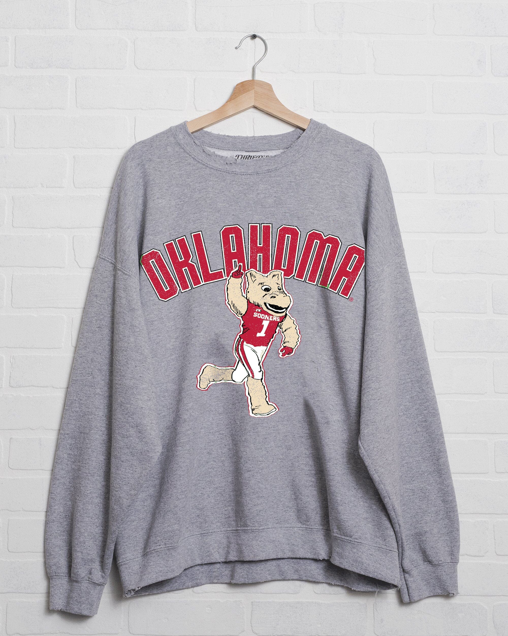OU Sooners Cartoon Mascot Gray Thrifted Sweatshirt - shoplivylu