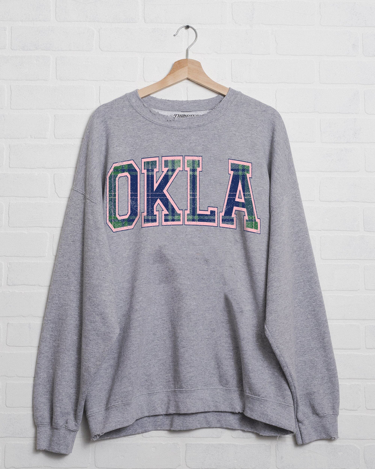 OKLA Plaid Arch (Pink Outline) Gray Thrifted Sweatshirt - shoplivylu