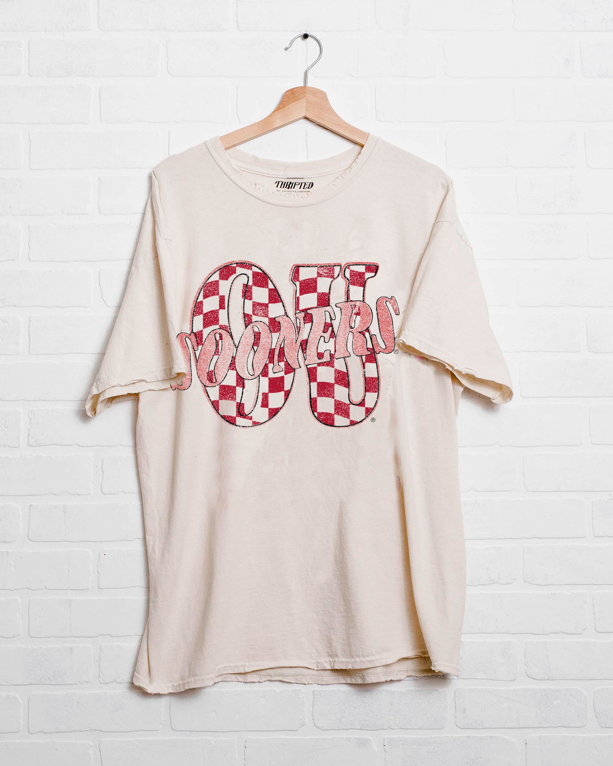OU Sooners Twisted Check Off White Thrifted Tee - shoplivylu