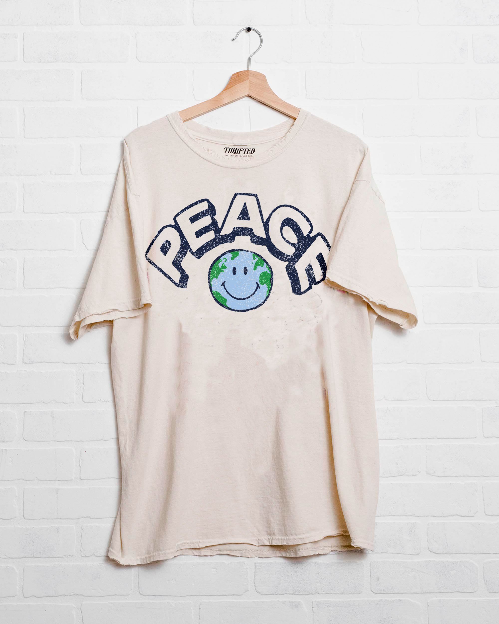 Peace Earth Smile Off White Thrifted Tee - shoplivylu