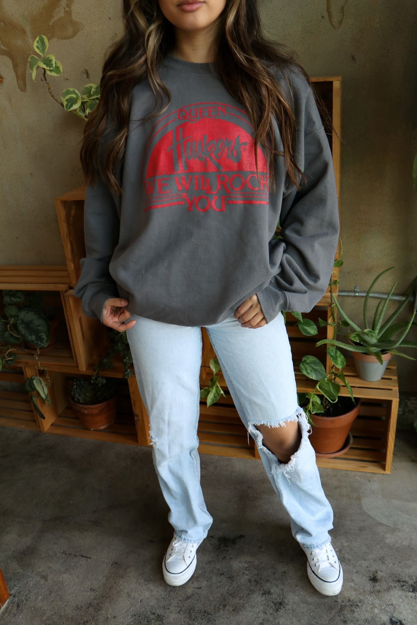 Queen Huskers Will Rock You Charcoal Thrifted Sweatshirt