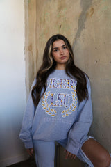 LSU Tigers Plaid Crest Gray Thrifted Sweatshirt
