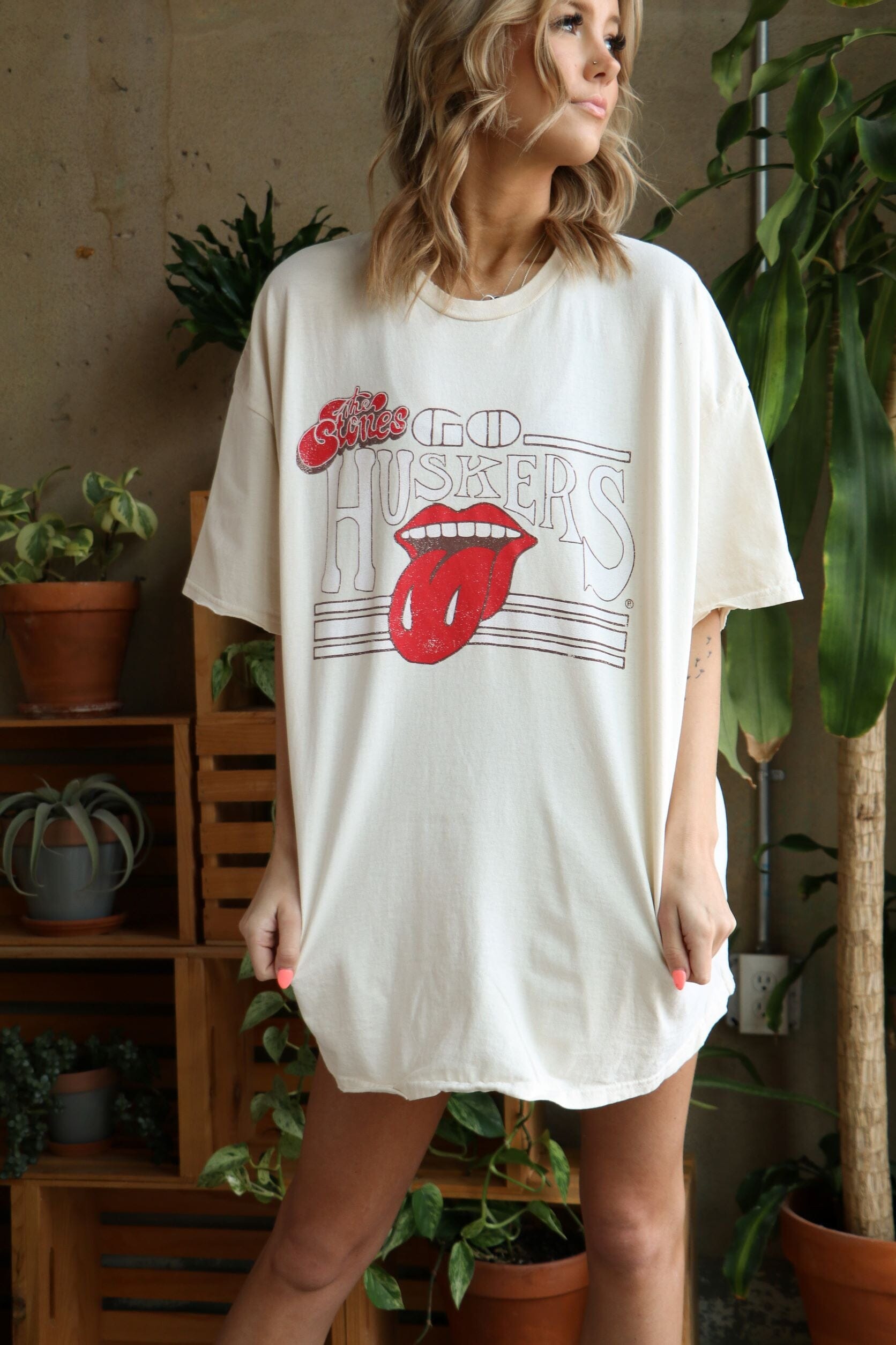 Rolling Stones Go Huskers Stoned Off White Thrifted Tee