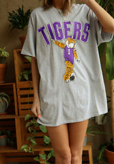 LSU Tigers Cartoon Mascot Puff Ink Gray Thrifted Tee