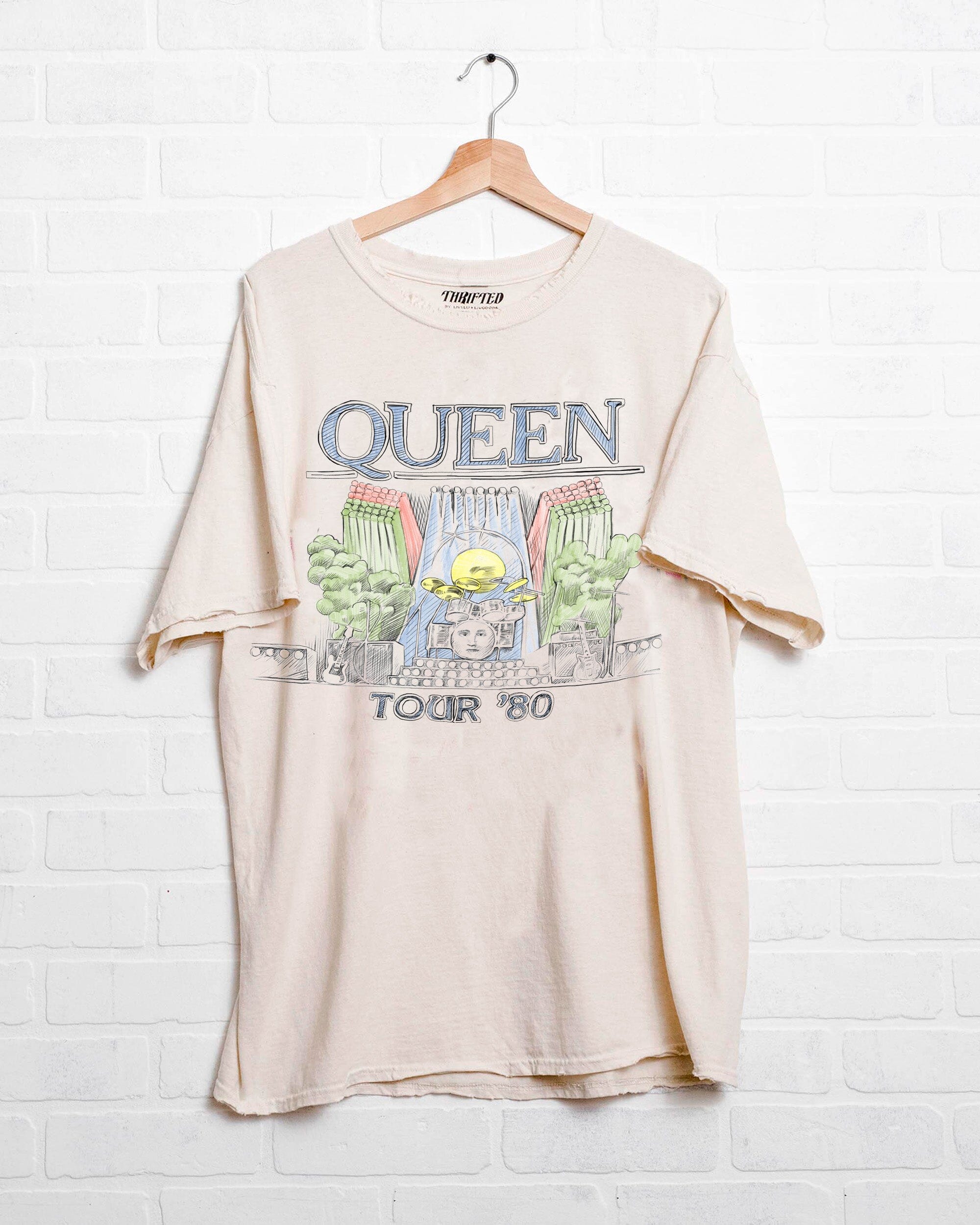 Queen 1980 Tour Off White Thrifted Tee - shoplivylu