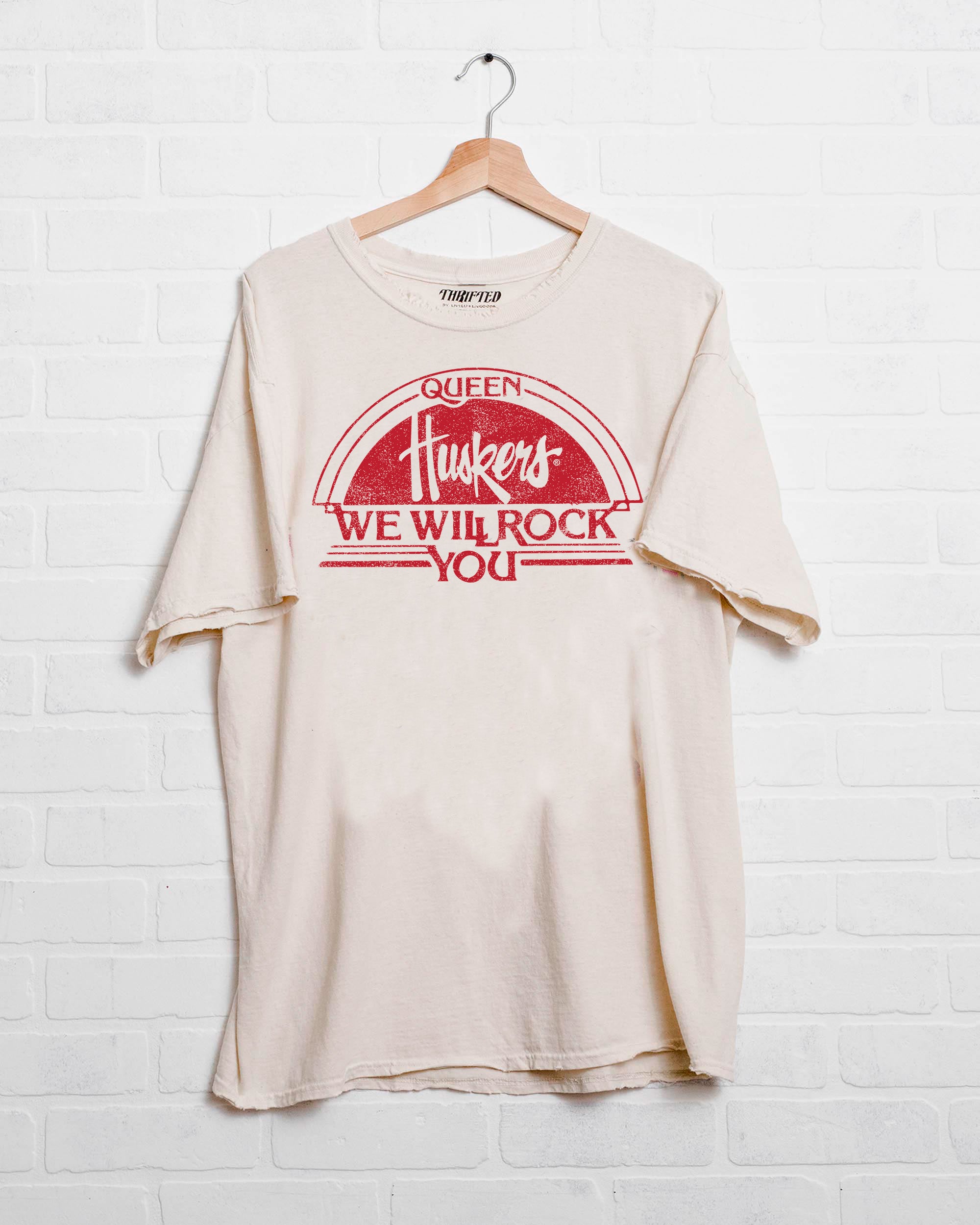 Queen Huskers Will Rock You Off White Thrifted Tee - shoplivylu