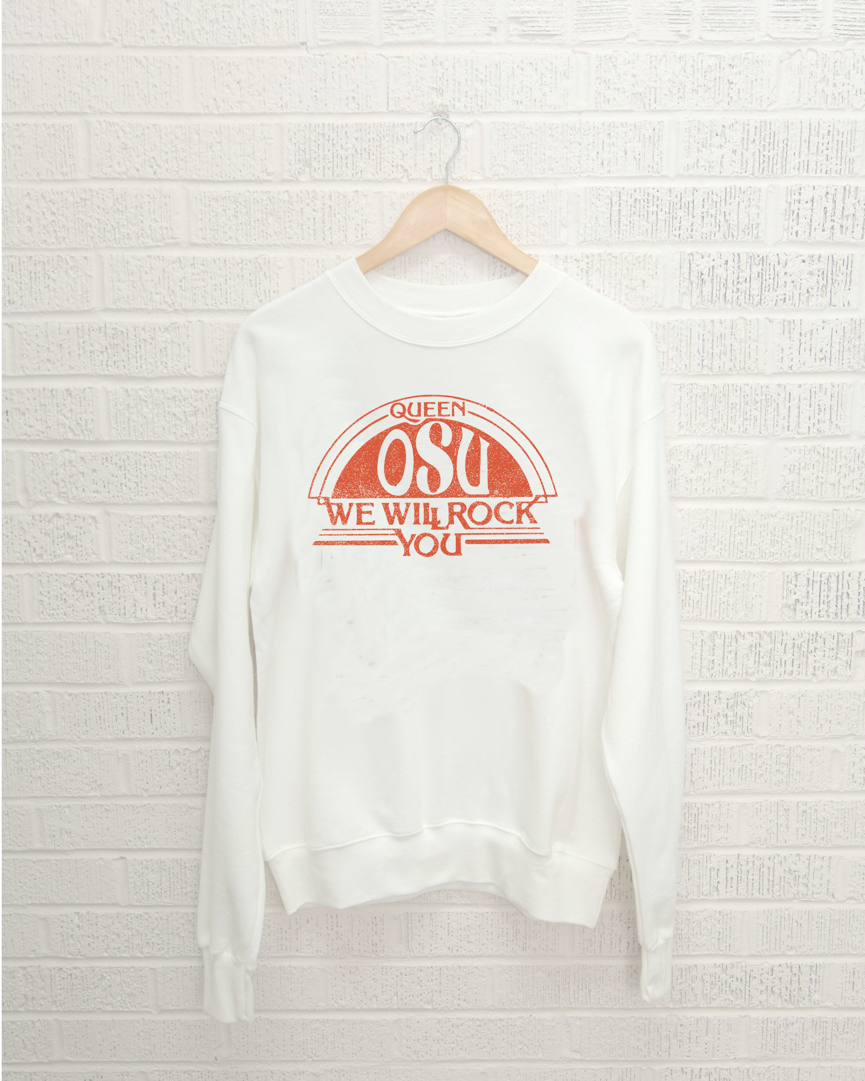Queen OSU Cowboys Will Rock You White Thrifted Sweatshirt - shoplivylu