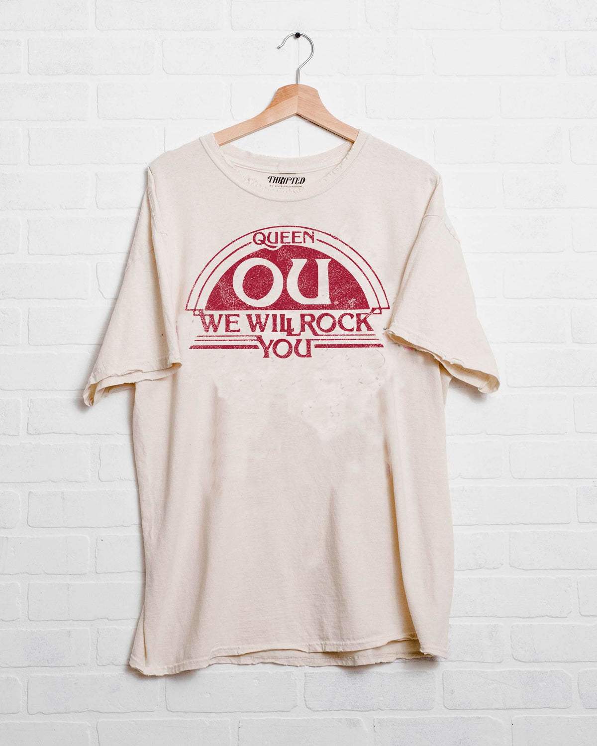 Queen OU Sooners Will Rock You Off White Thrifted Tee - shoplivylu