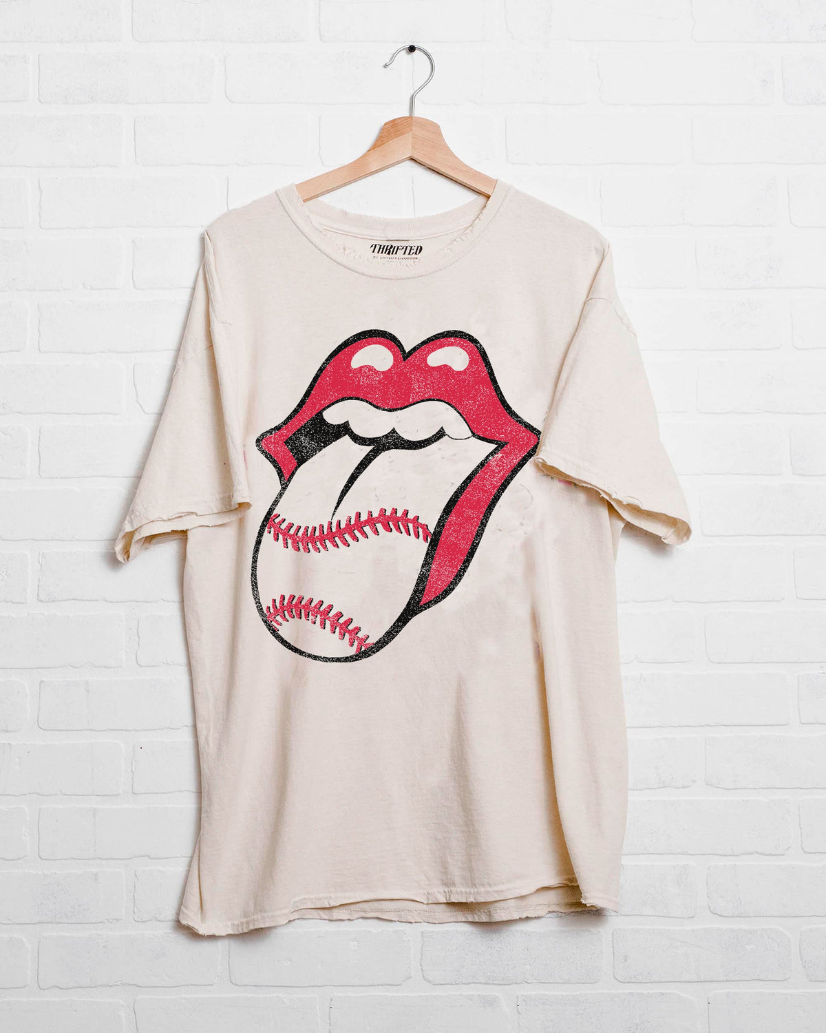 Rolling Stones Baseball Lick Off White Thrifted Distressed Tee - shoplivylu