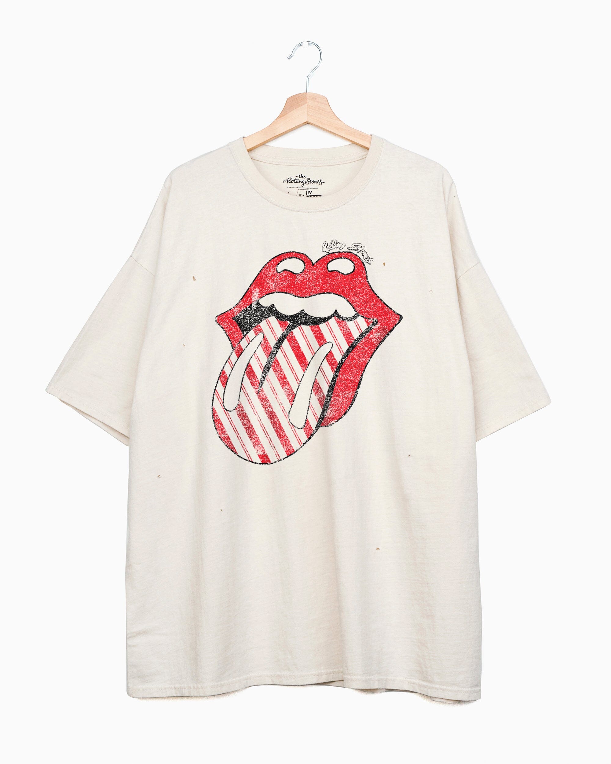 Rolling Stones Candy Cane Lick Off White Oversized Tee - shoplivylu