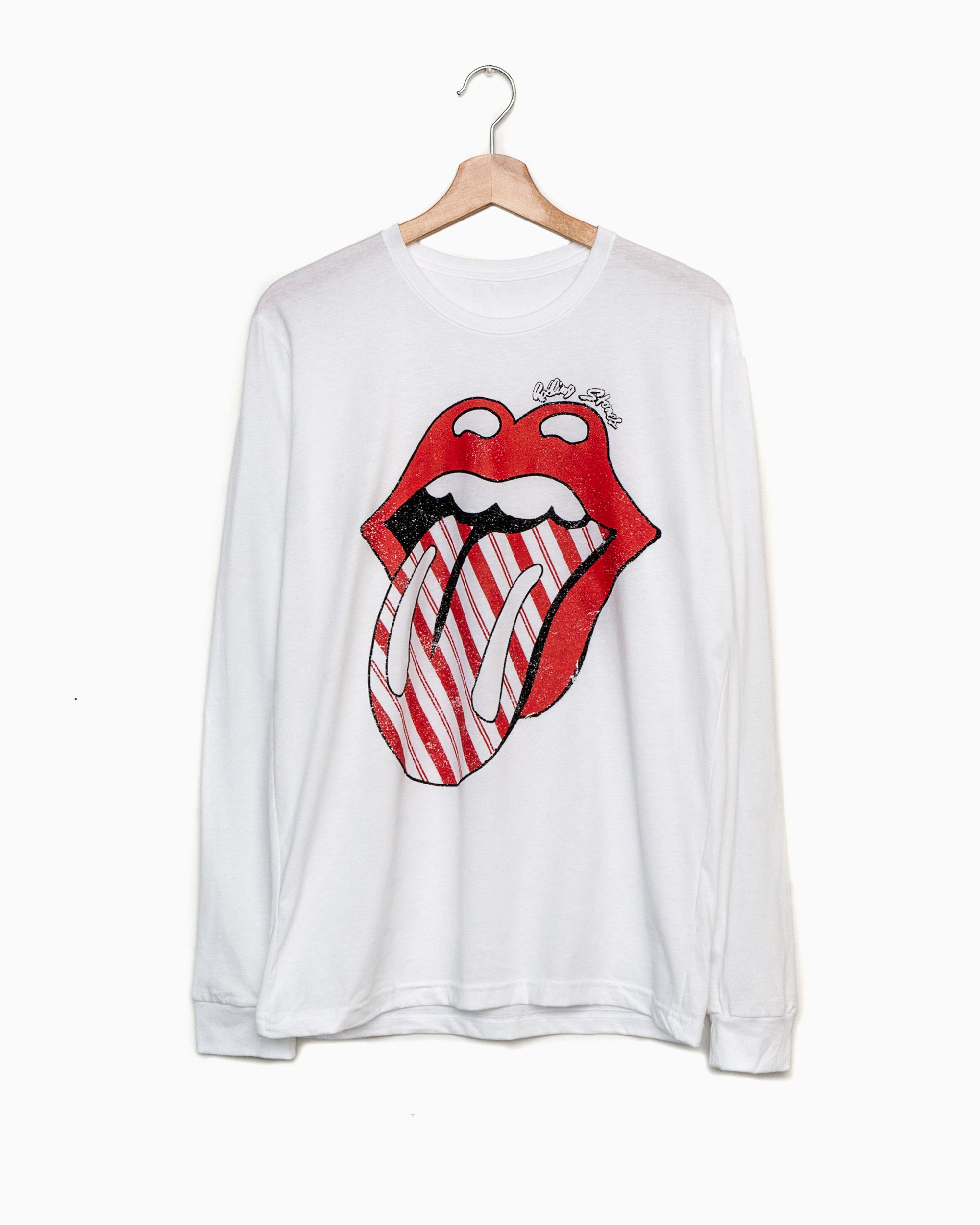 Rolling Stones Candy Cane Lick White Long Sleeve Tee - shoplivylu