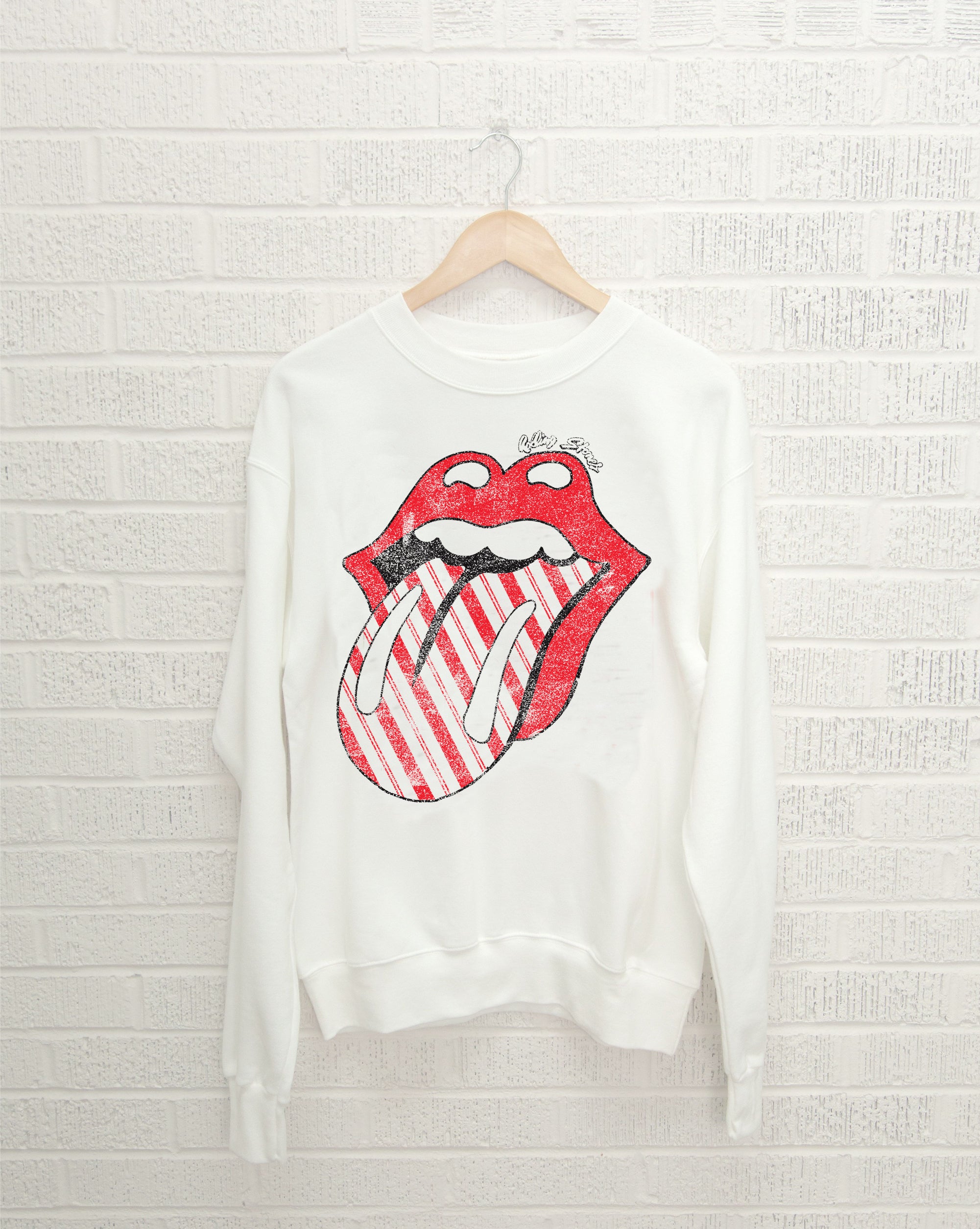 Rolling Stones Candy Cane Lick White Thrifted Sweatshirt - shoplivylu