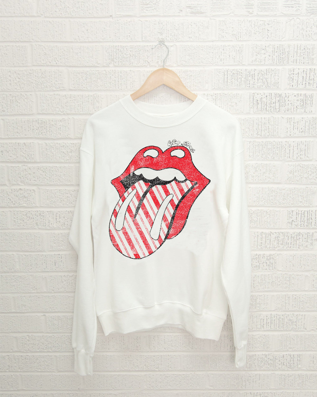 Rolling Stones Candy Cane Lick White Thrifted Sweatshirt - shoplivylu