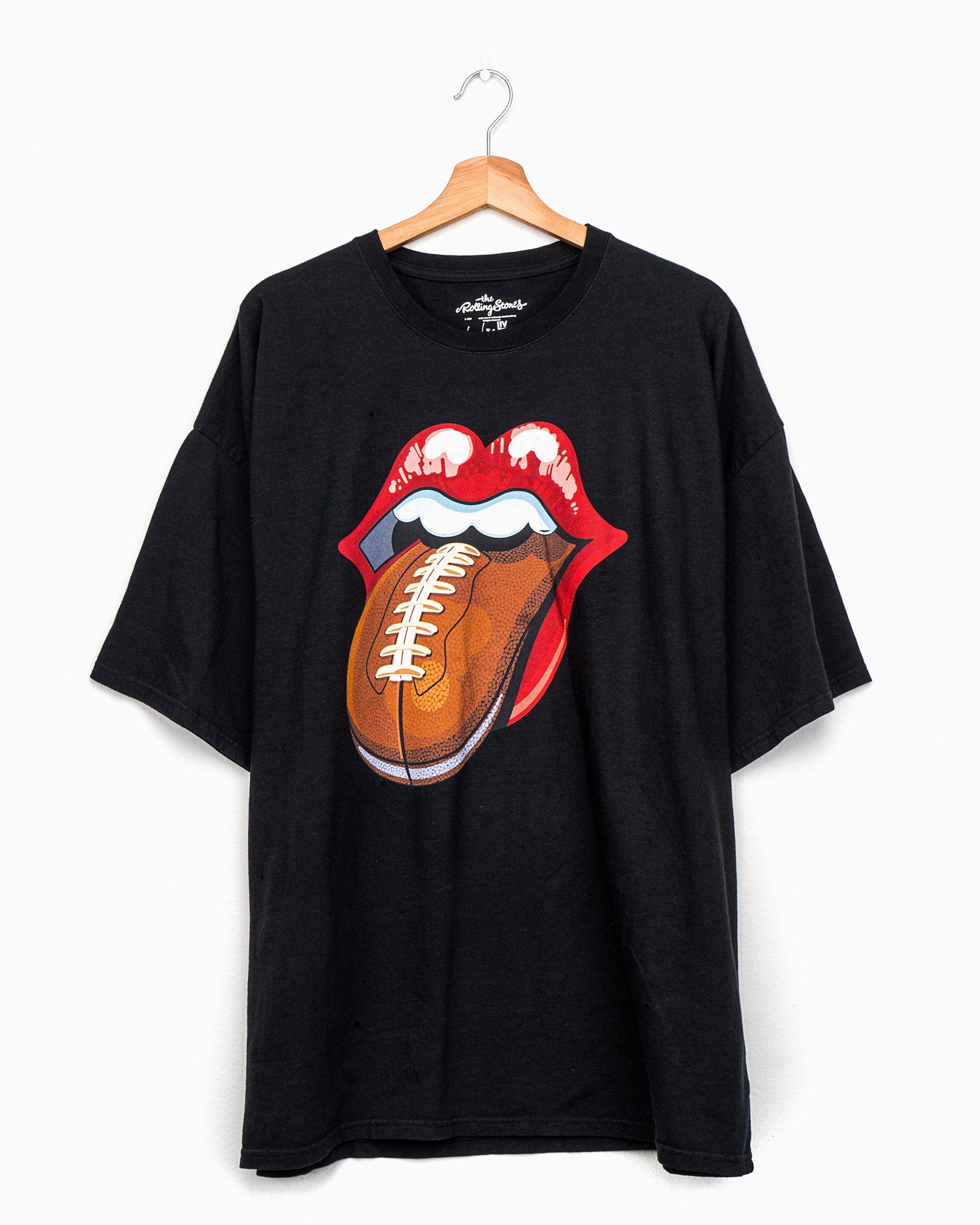 Rolling Stones Football Lick Off Black Oversized Distressed Tee (4512417284199)