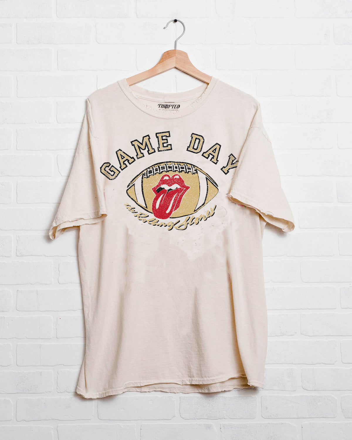 Rolling Stones Gameday (black/gold) Football Lick Off White Thrifted Tee - shoplivylu