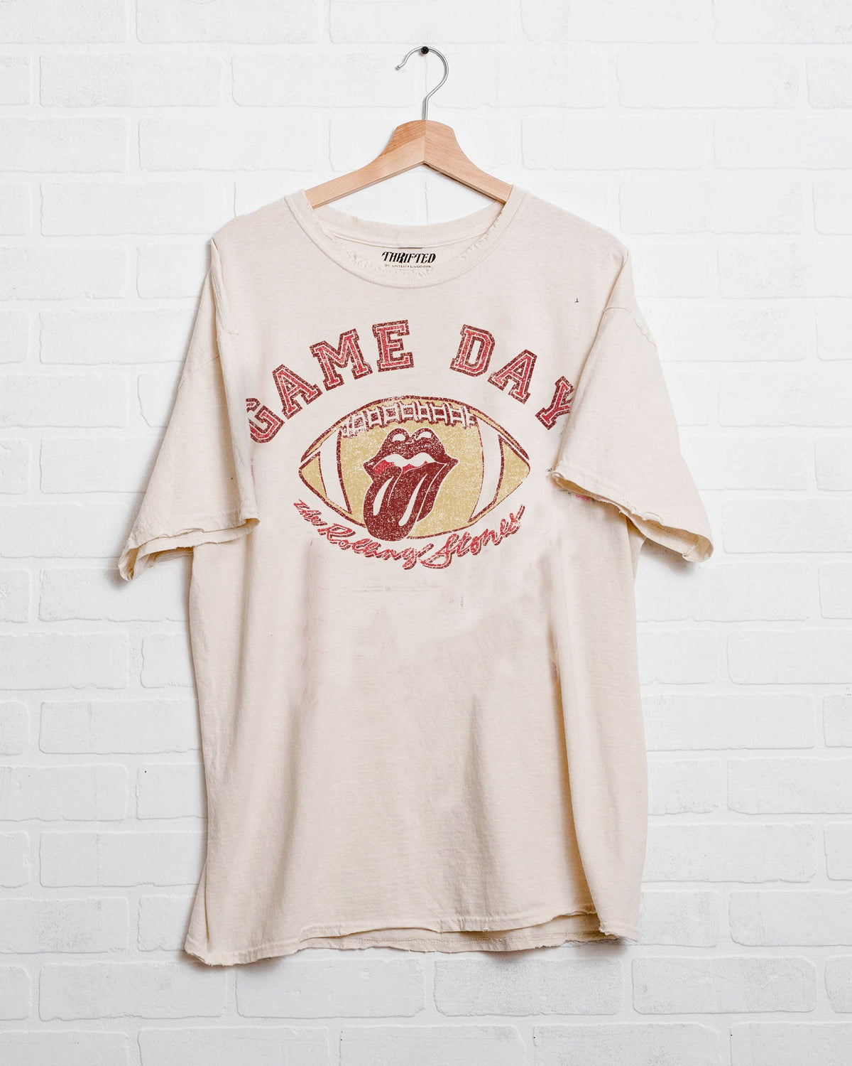 Rolling Stones Gameday (crimson) Football Lick Off White Thrifted Tee - shoplivylu