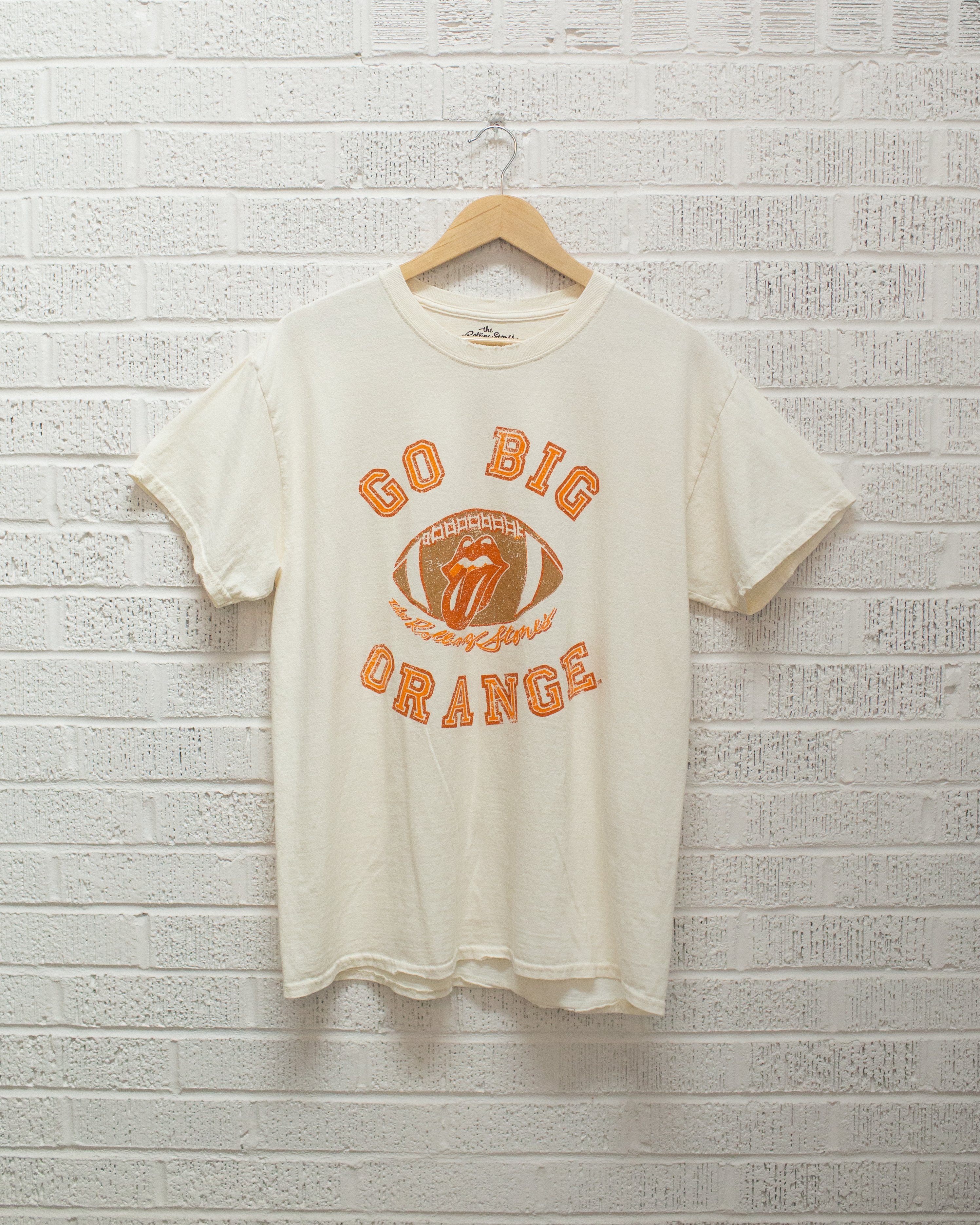 Rolling Stones Go Big Orange Football Lick Off White Thrifted Tee - shoplivylu
