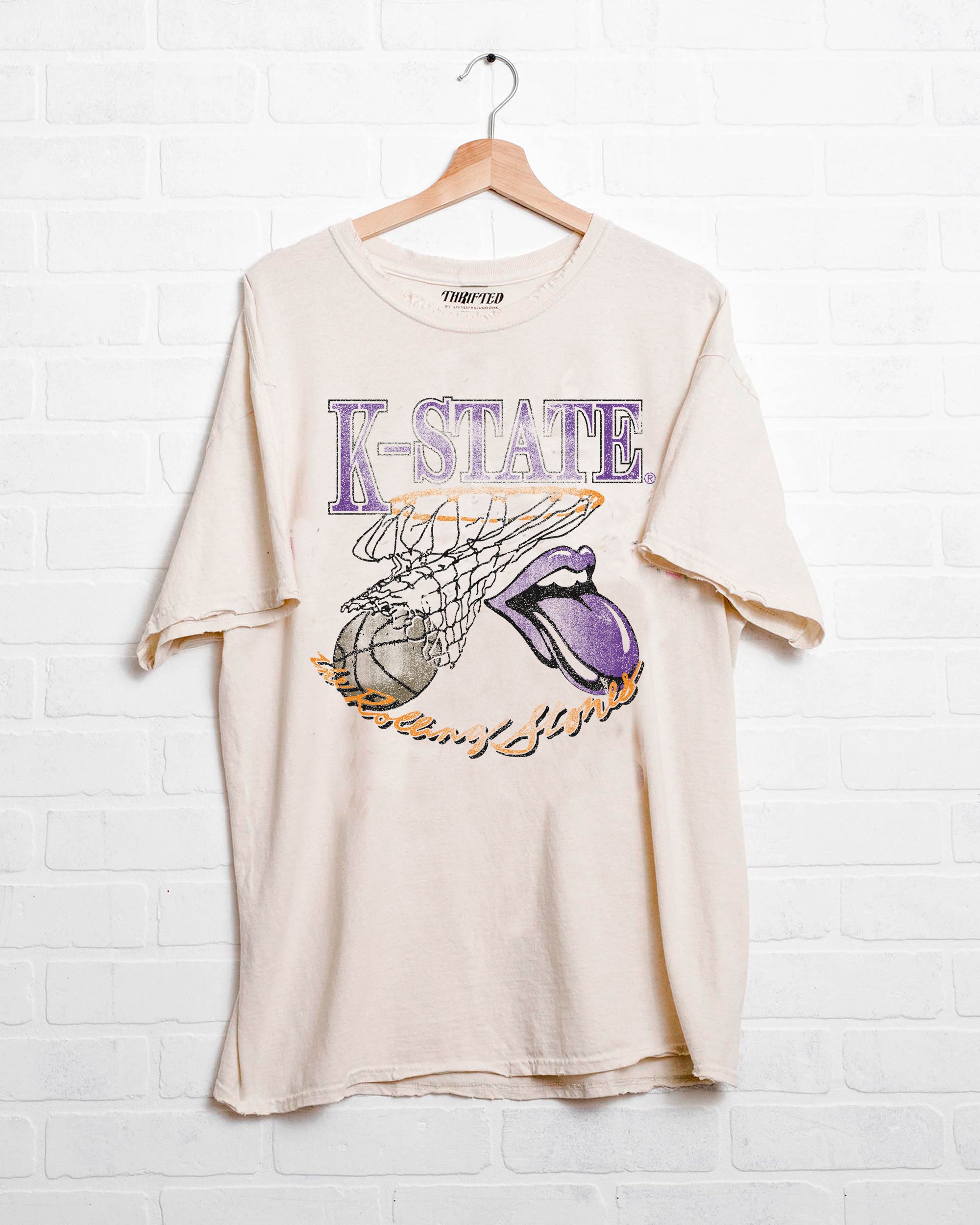 Rolling Stones Kansas State Basketball Net Off White Thrifted Tee - shoplivylu