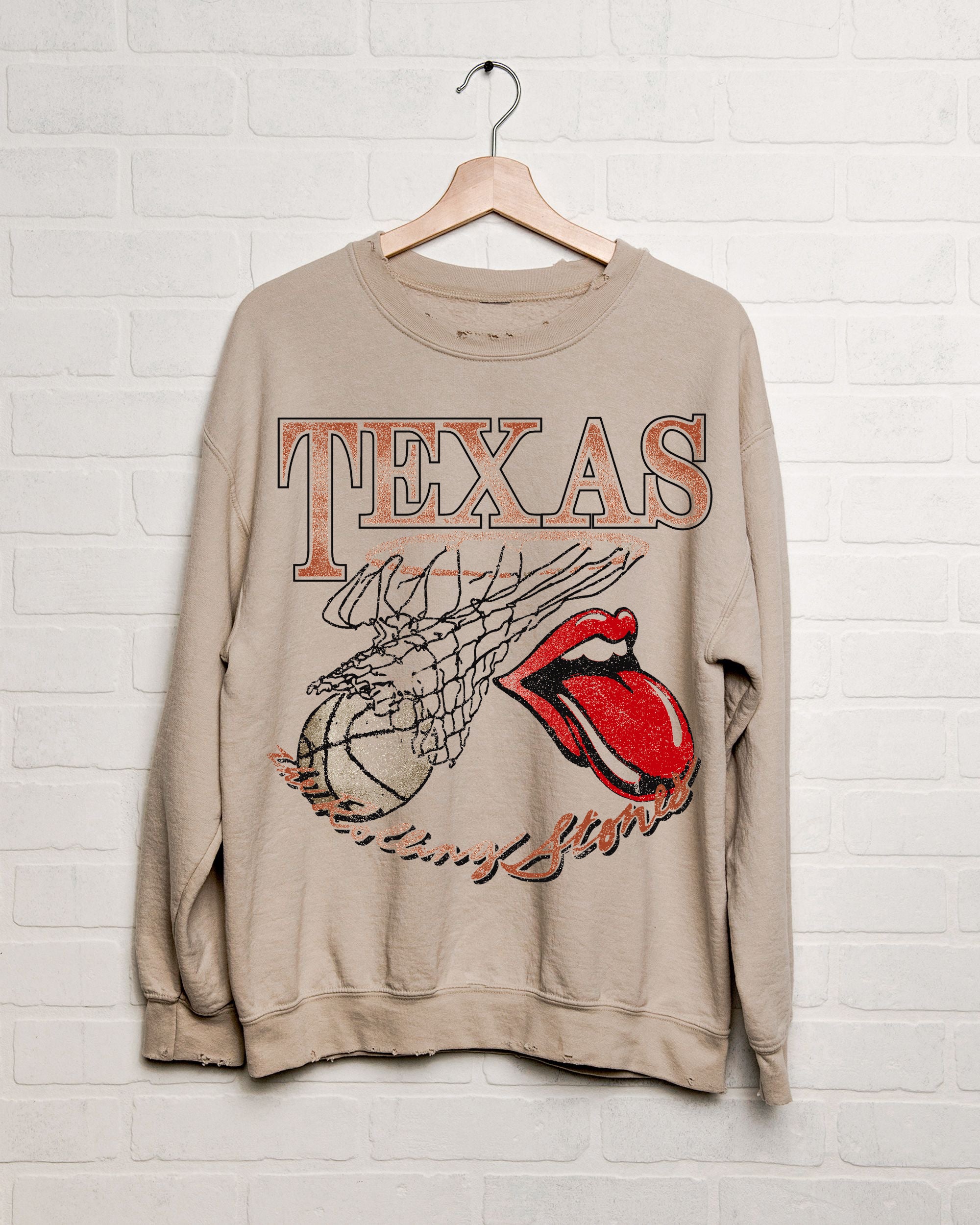 Rolling Stones Longhorns Basketball Net Sand Thrifted Sweatshirt - shoplivylu