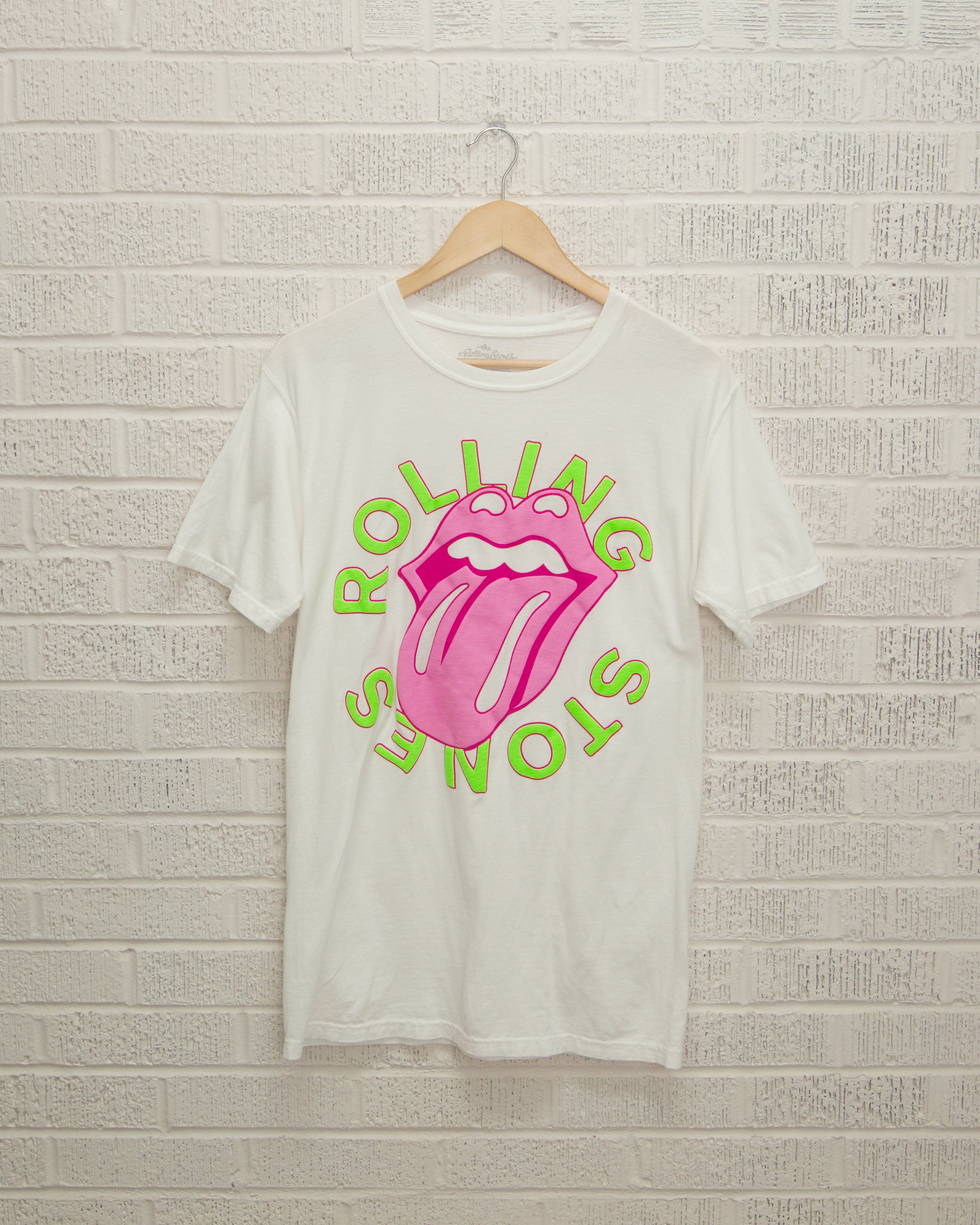 Rolling Stones Neon Puff Classic Lick Comfort Wash White Tee - shoplivylu