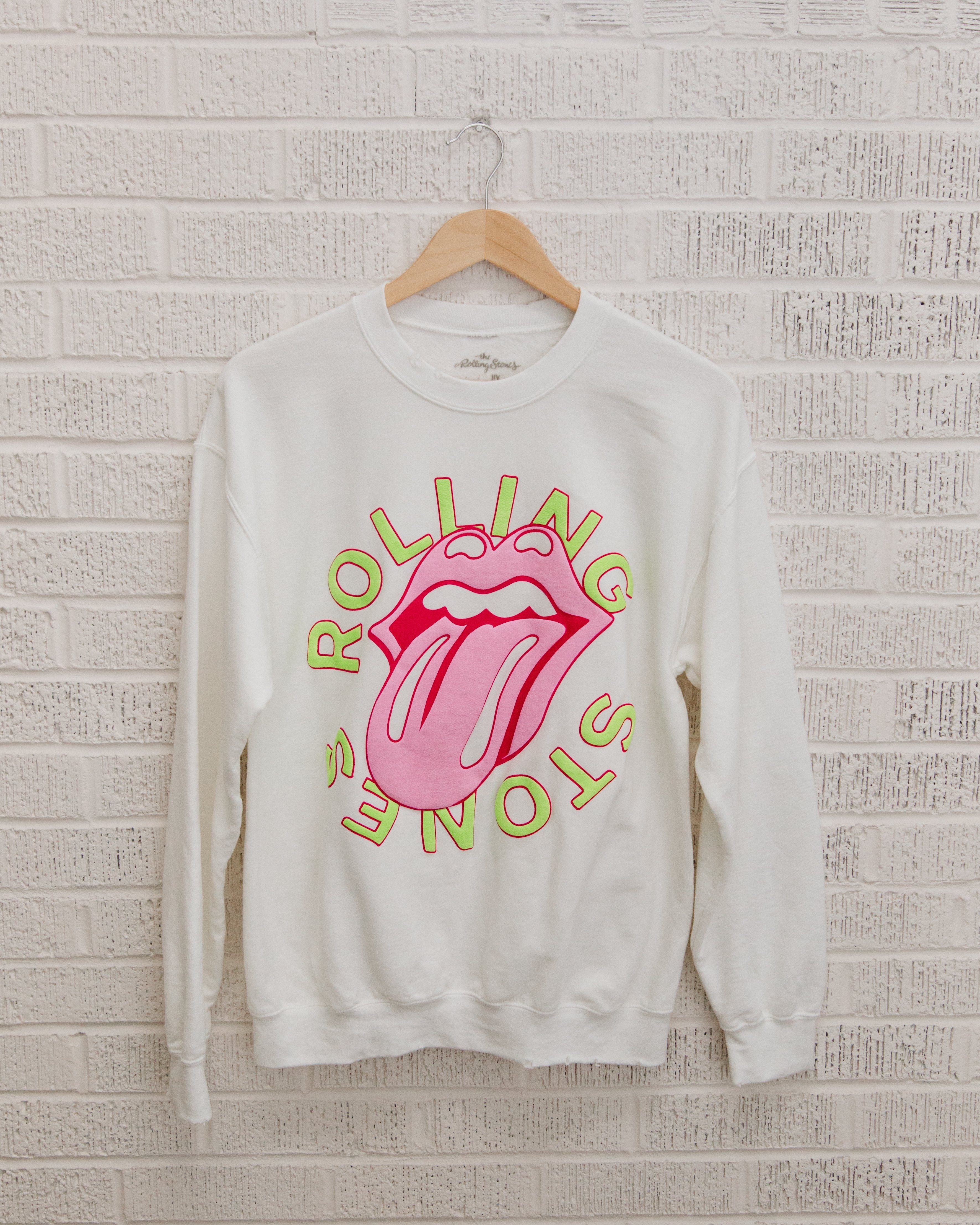 Rolling Stones Neon Puff Classic Lick White Thrifted Sweatshirt - shoplivylu