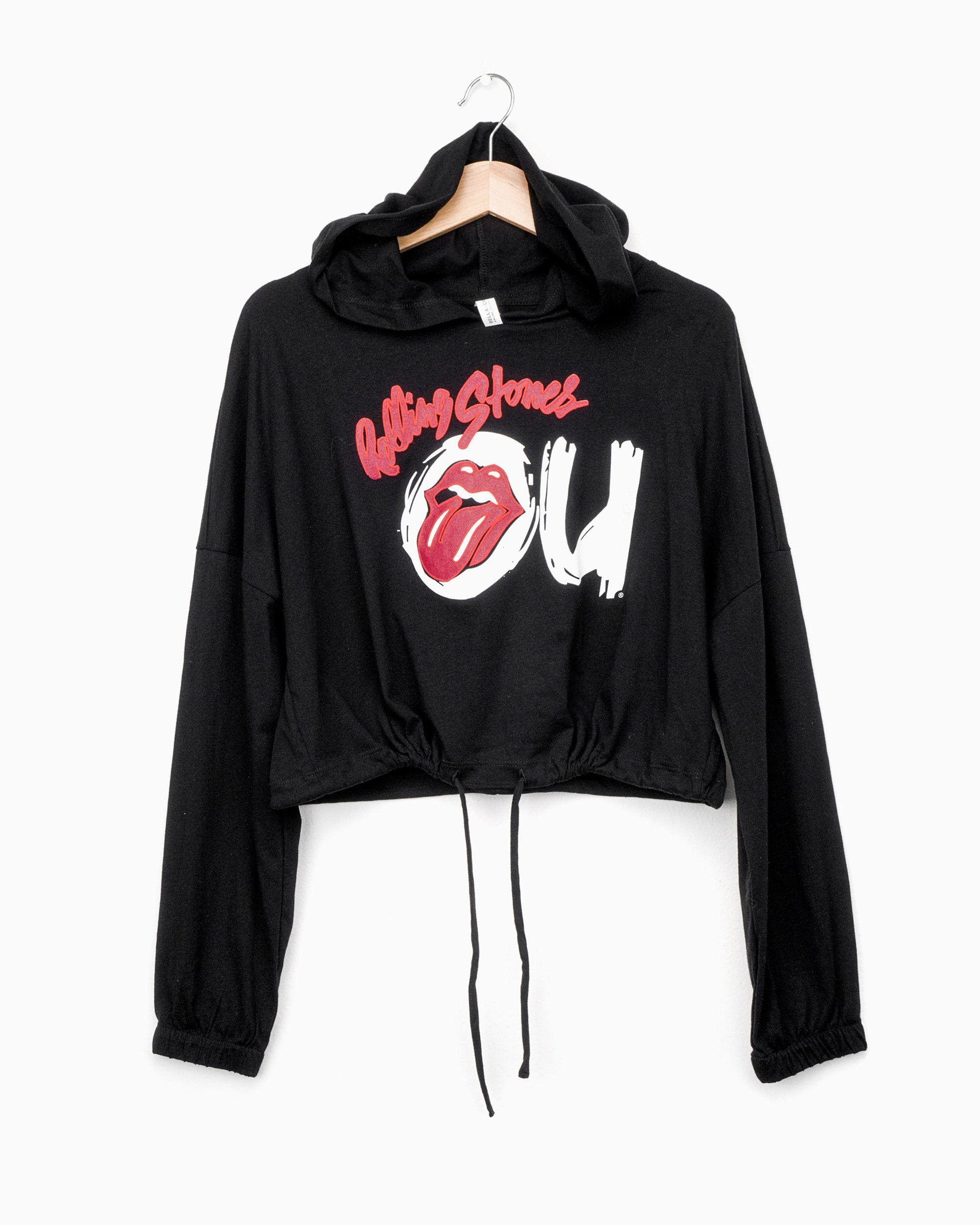 Rolling Stones OU Inside Lick Puff Ink Black Cinched Cropped Hoodie (4529541218407)