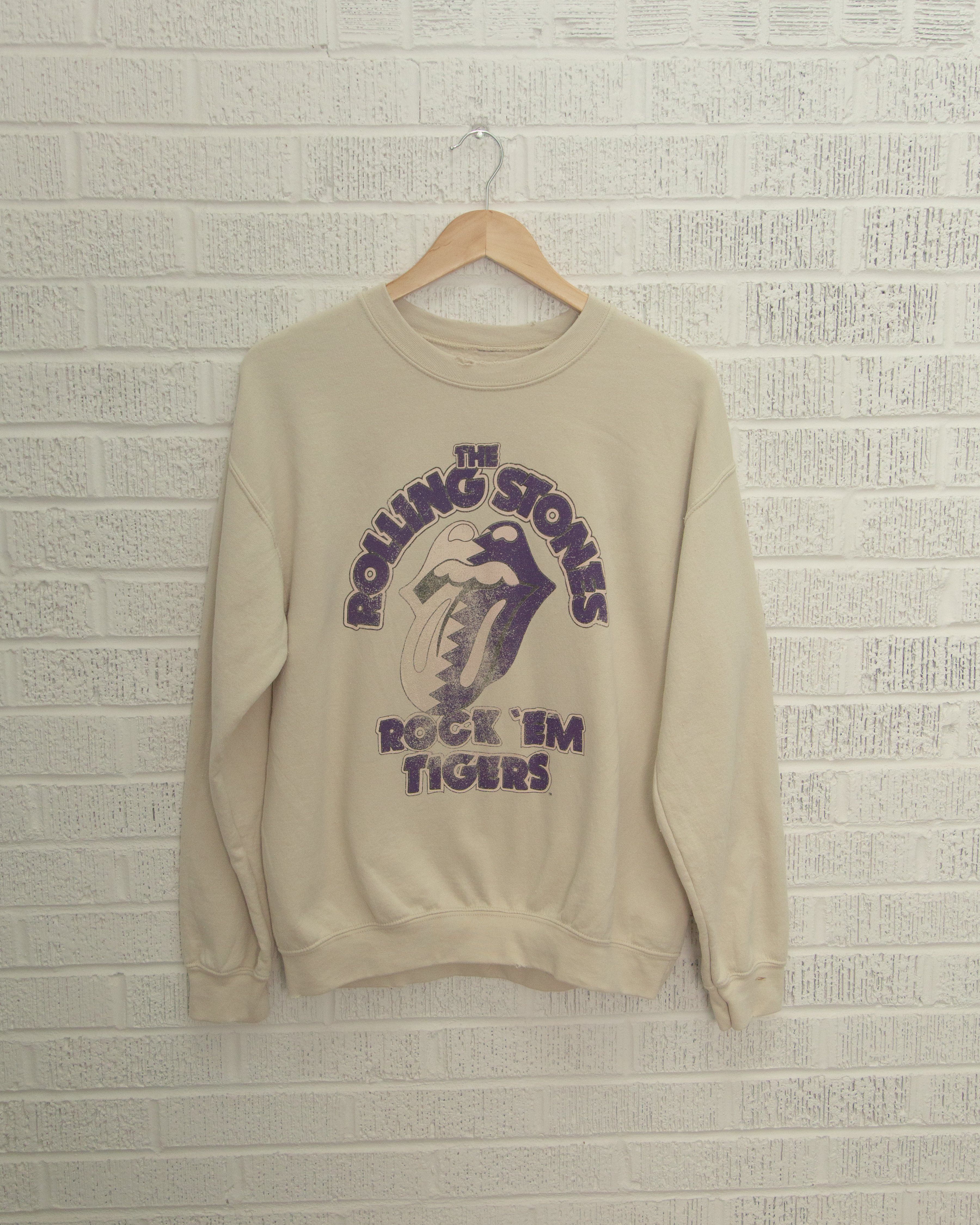 Rolling Stones Rock 'Em LSU Tigers Sand Thrifted Sweatshirt - shoplivylu