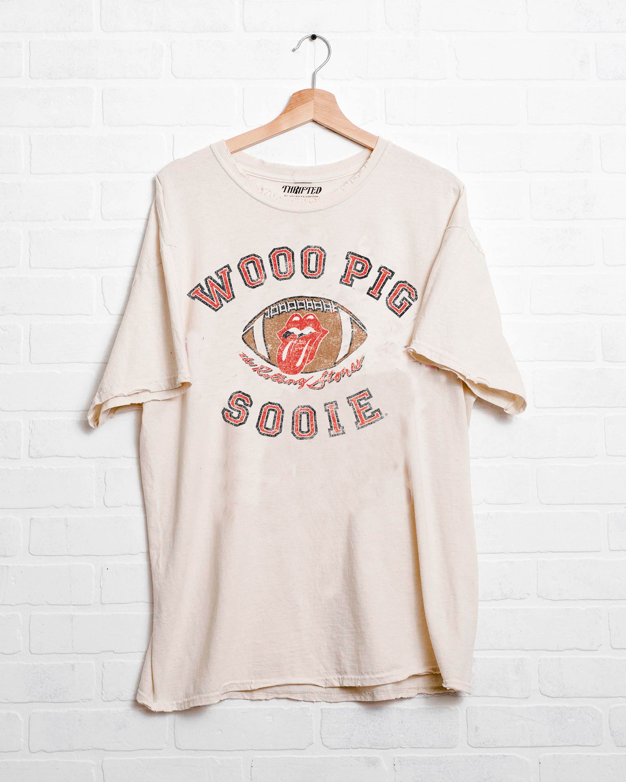 Rolling Stones Wooo Pig Sooie Football Lick Off White Thrifted Tee - shoplivylu
