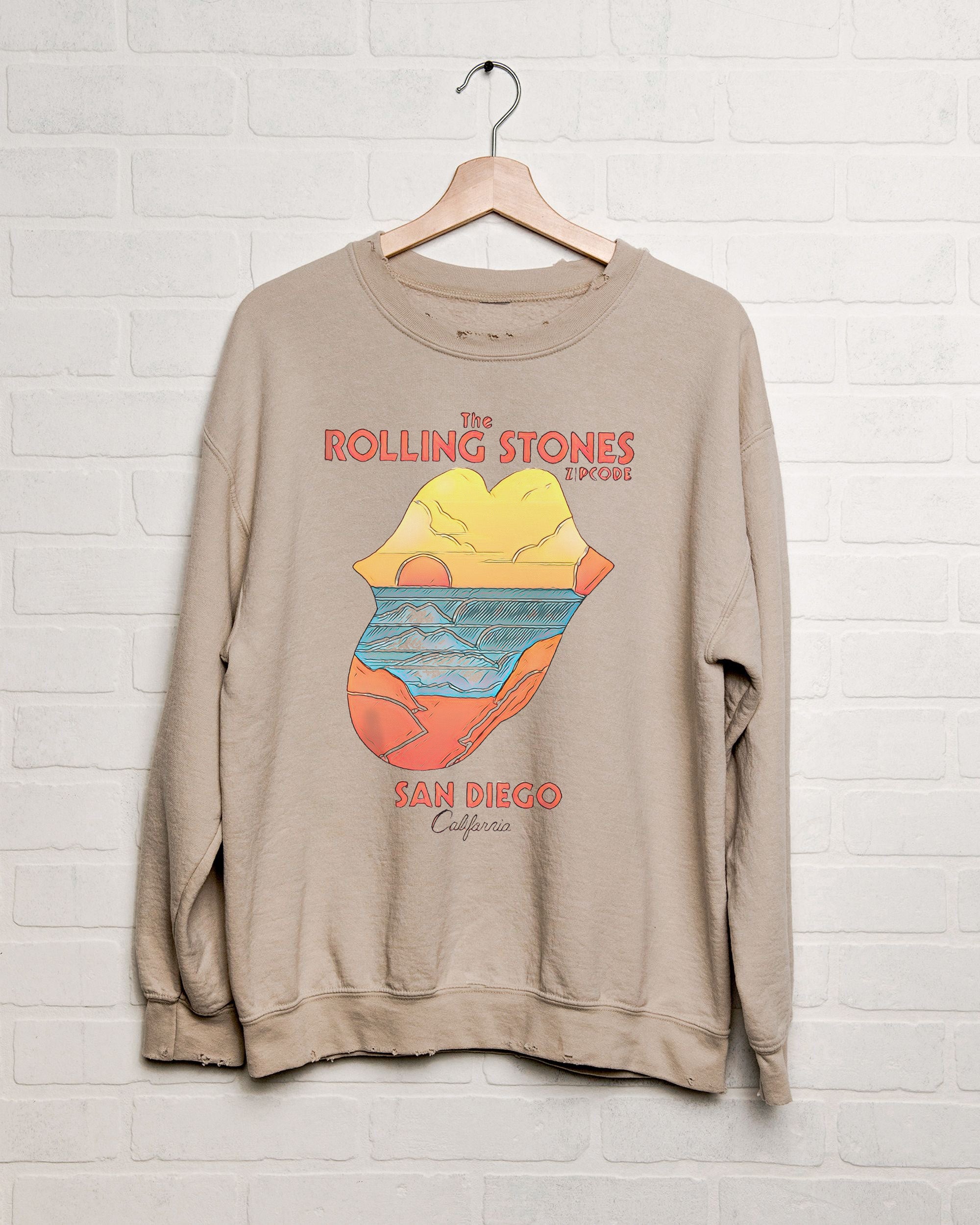 Rolling Stones San Diego Zip Code Sand Thrifted Sweatshirt - shoplivylu