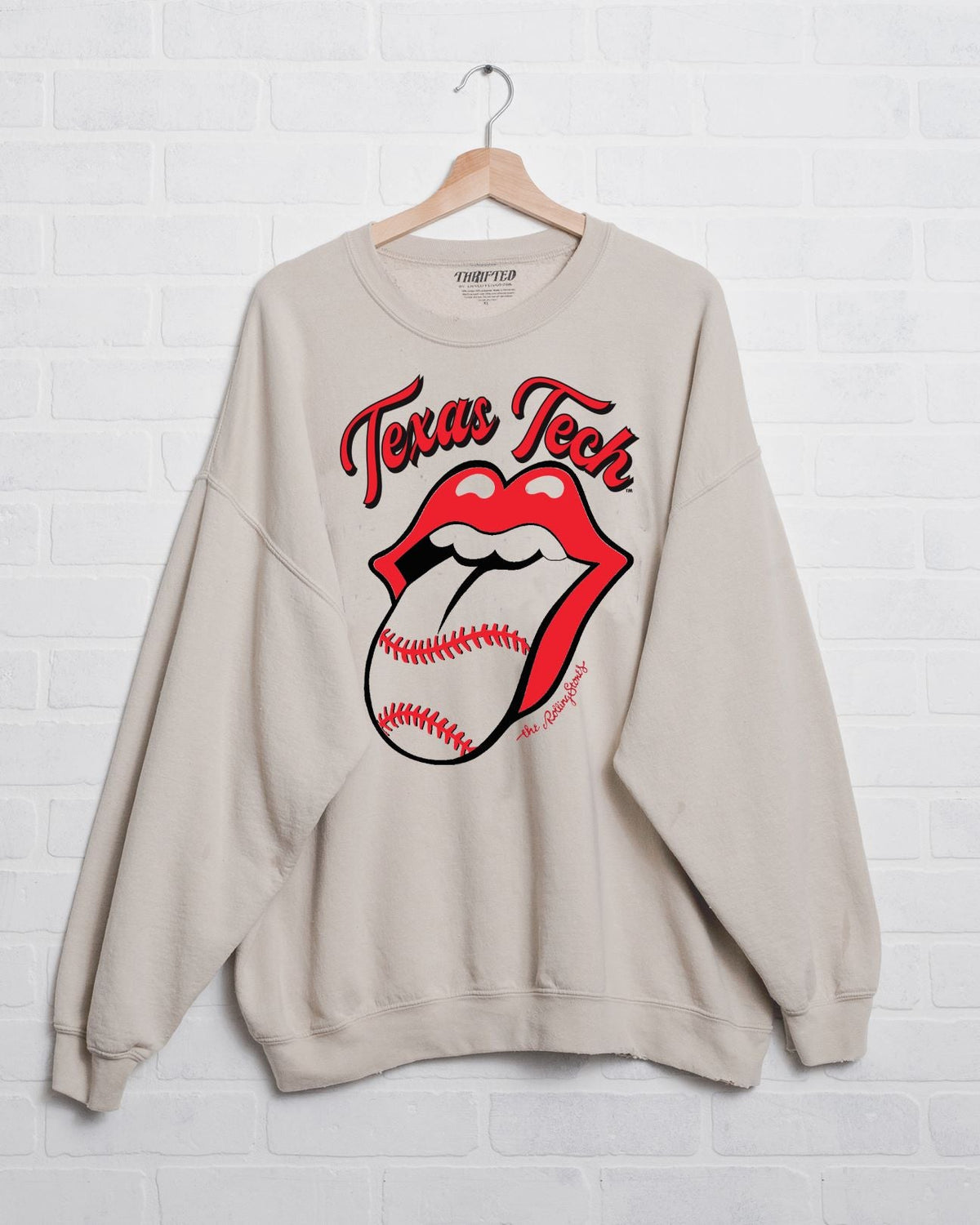 Rolling Stones Texas Tech Baseball Lick Sand Thrifted Sweatshirt - shoplivylu