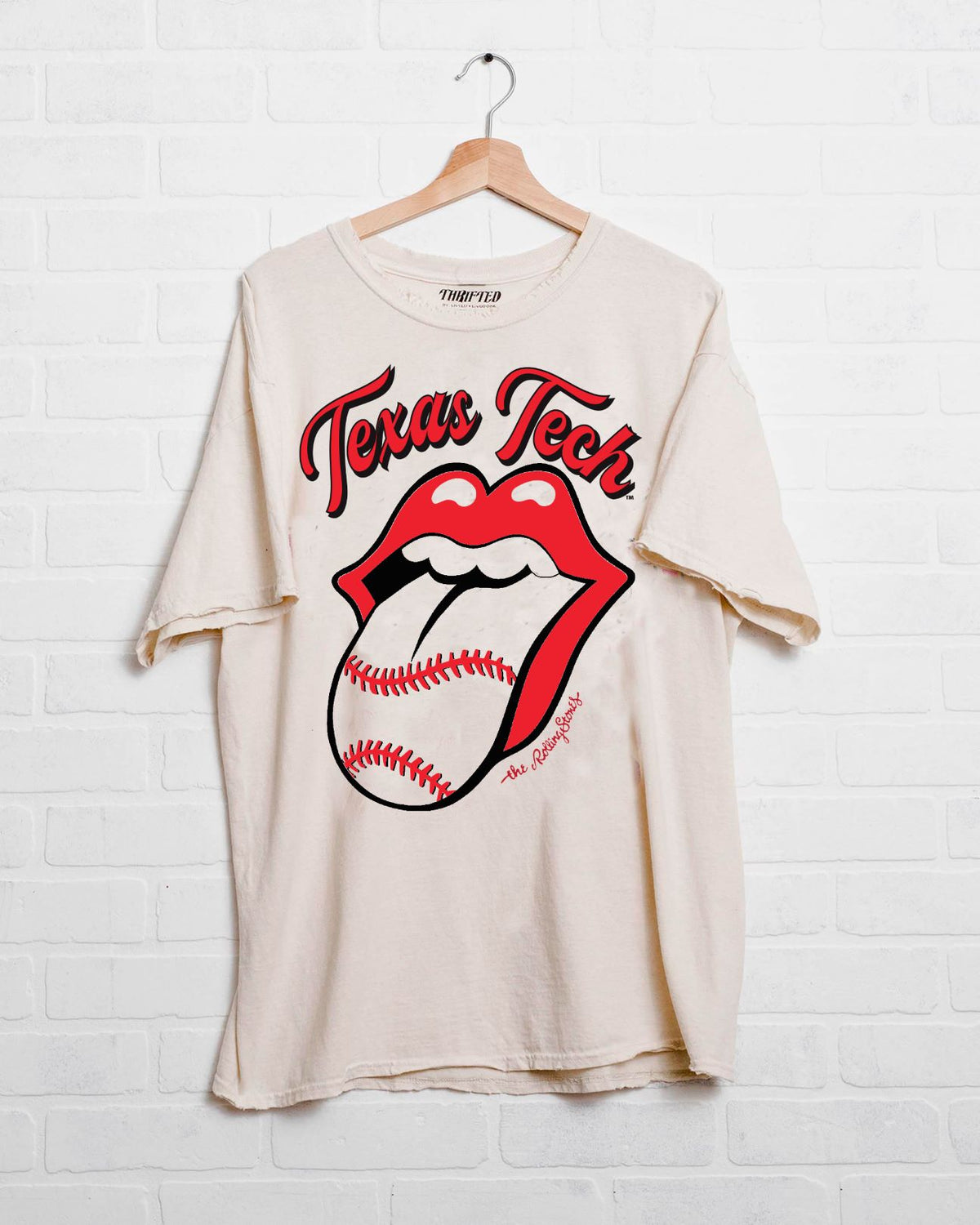 Rolling Stones Texas Tech Baseball Lick Off White Thrifted Tee - shoplivylu
