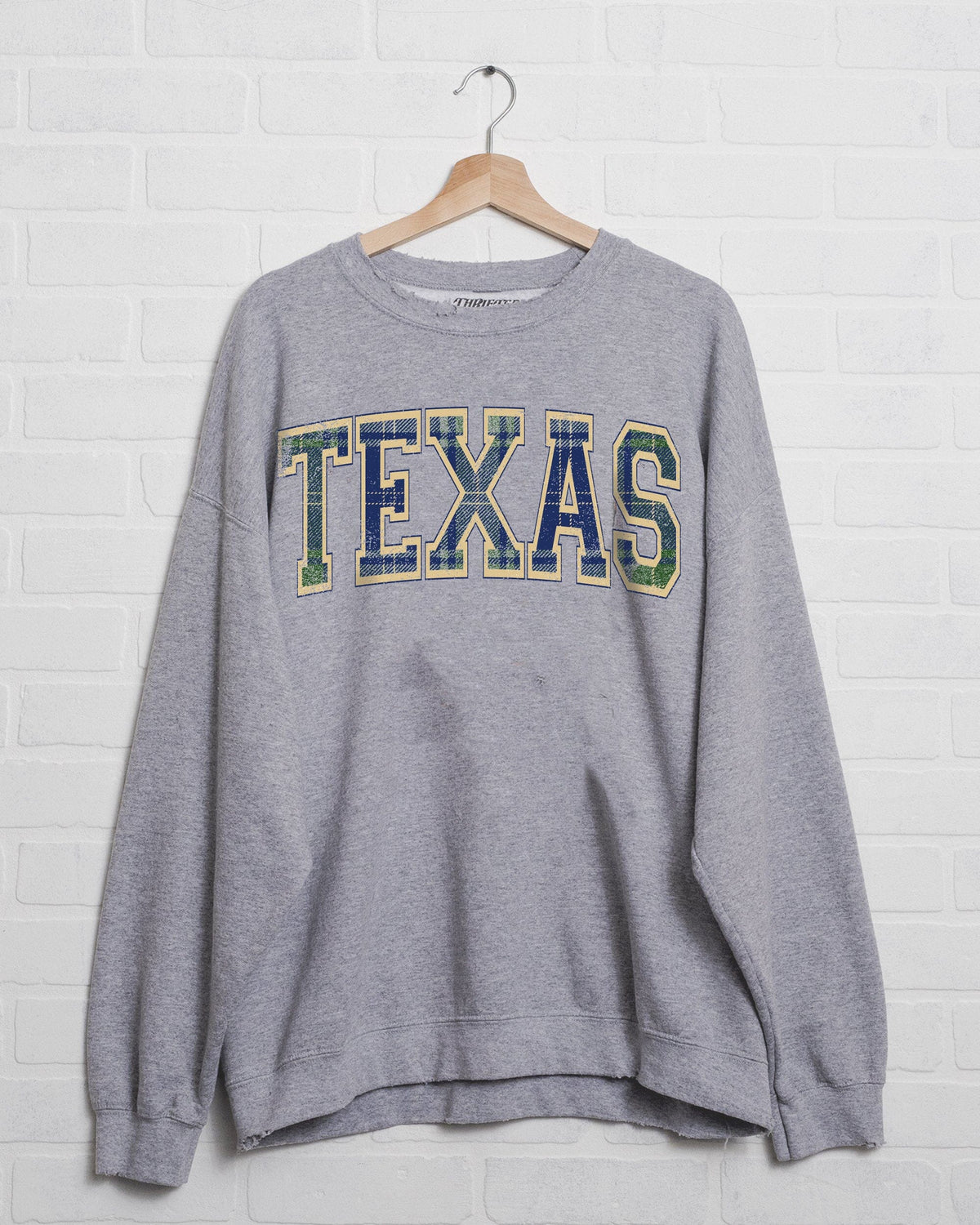 Texas Plaid Arch (Gold Outline) Gray Thrifted Sweatshirt - shoplivylu