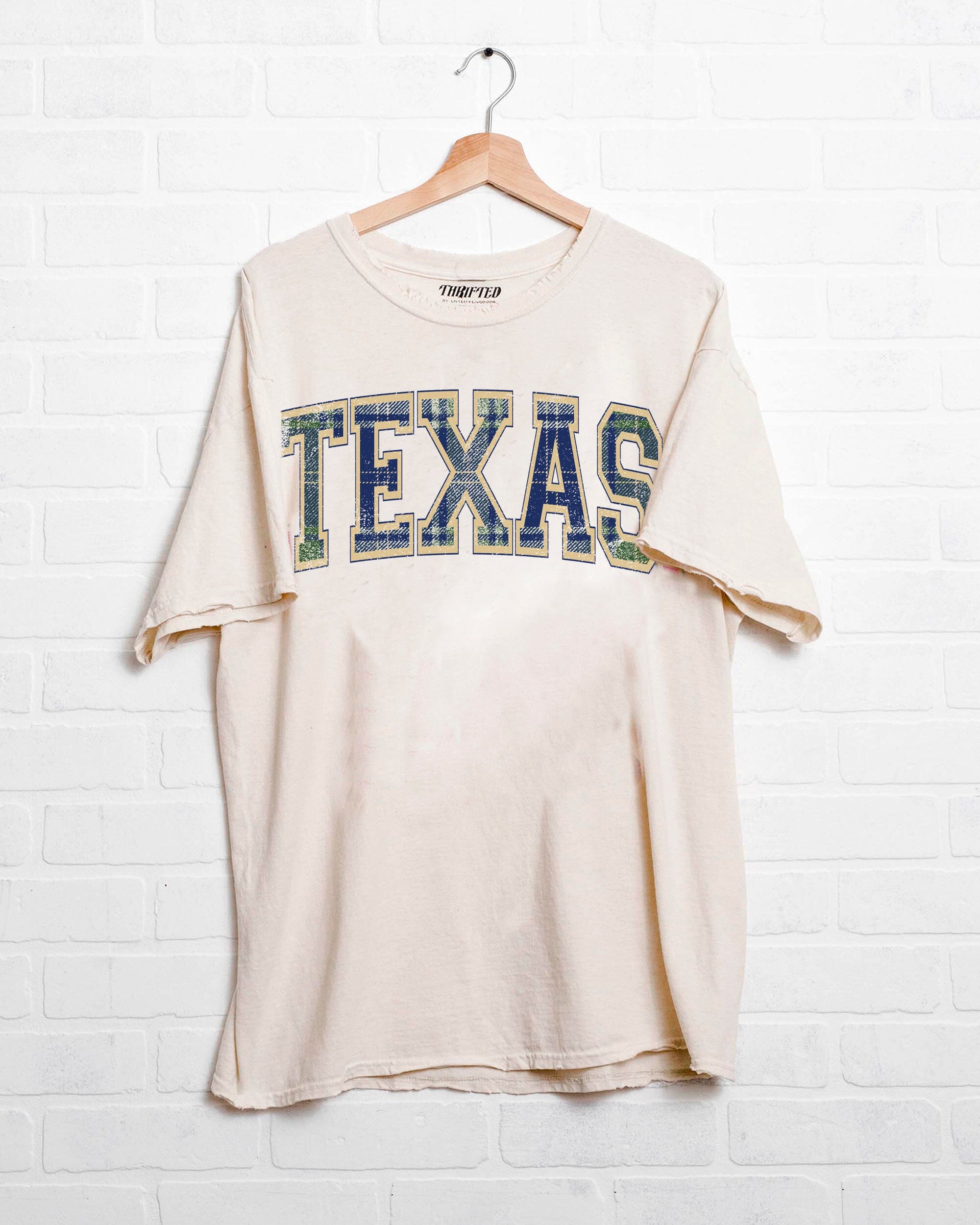 Texas Plaid Arch (Gold Outline) Off White Thrifted Tee - shoplivylu