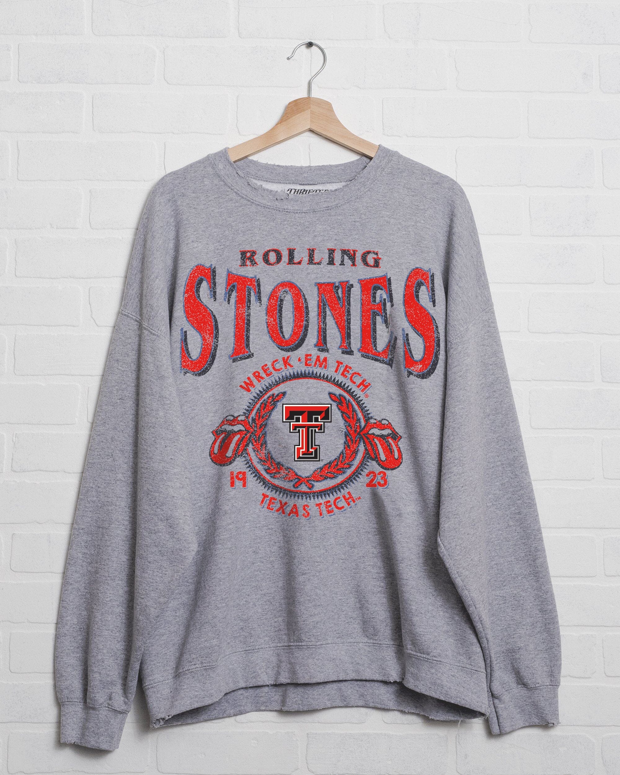 Rolling Stones Texas Tech College Seal Gray Thrifted Sweatshirt