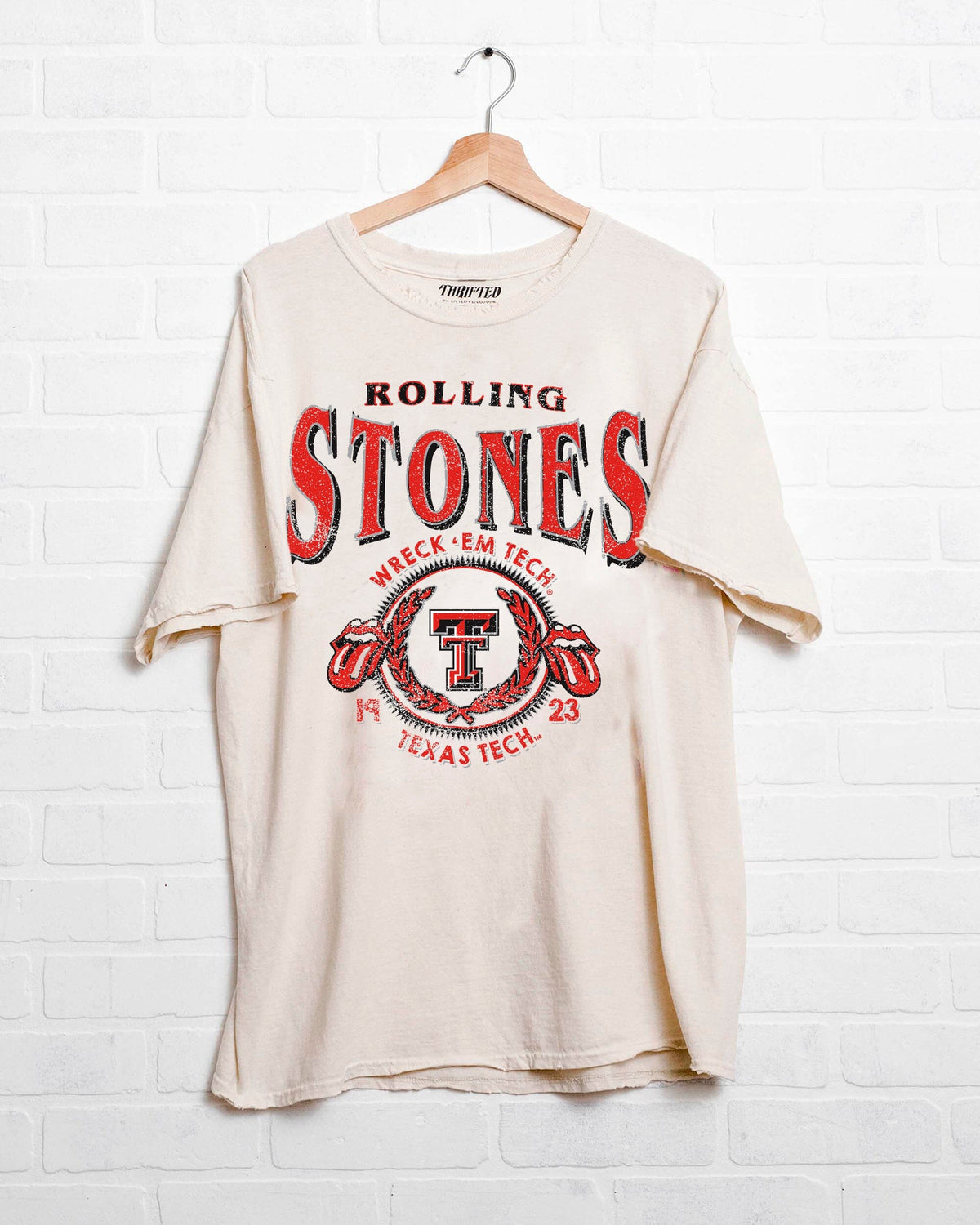 Rolling Stones Texas Tech College Seal Off White Thrifted Tee