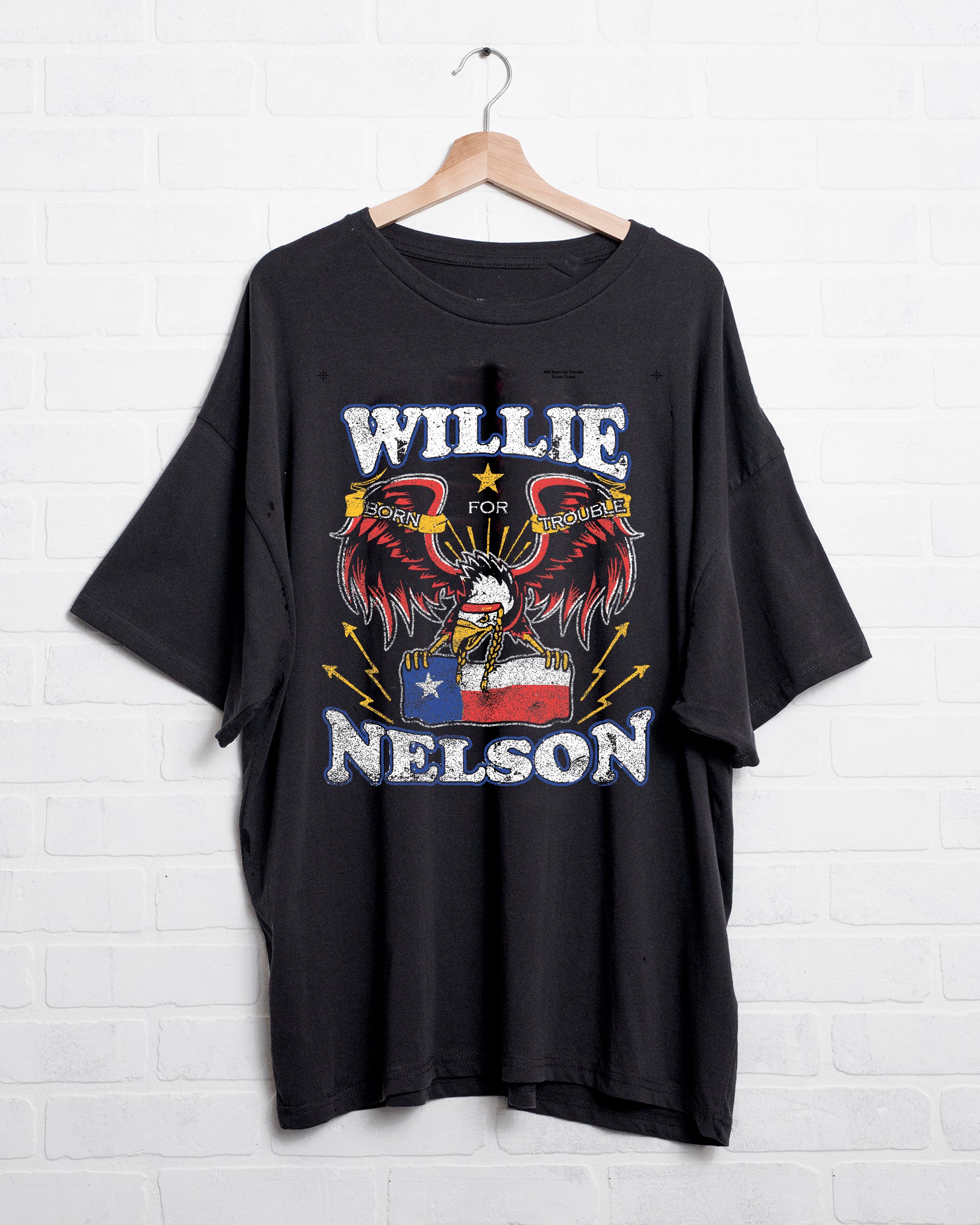 One Size Willie Nelson Born For Trouble Off Black Oversized Tee - shoplivylu