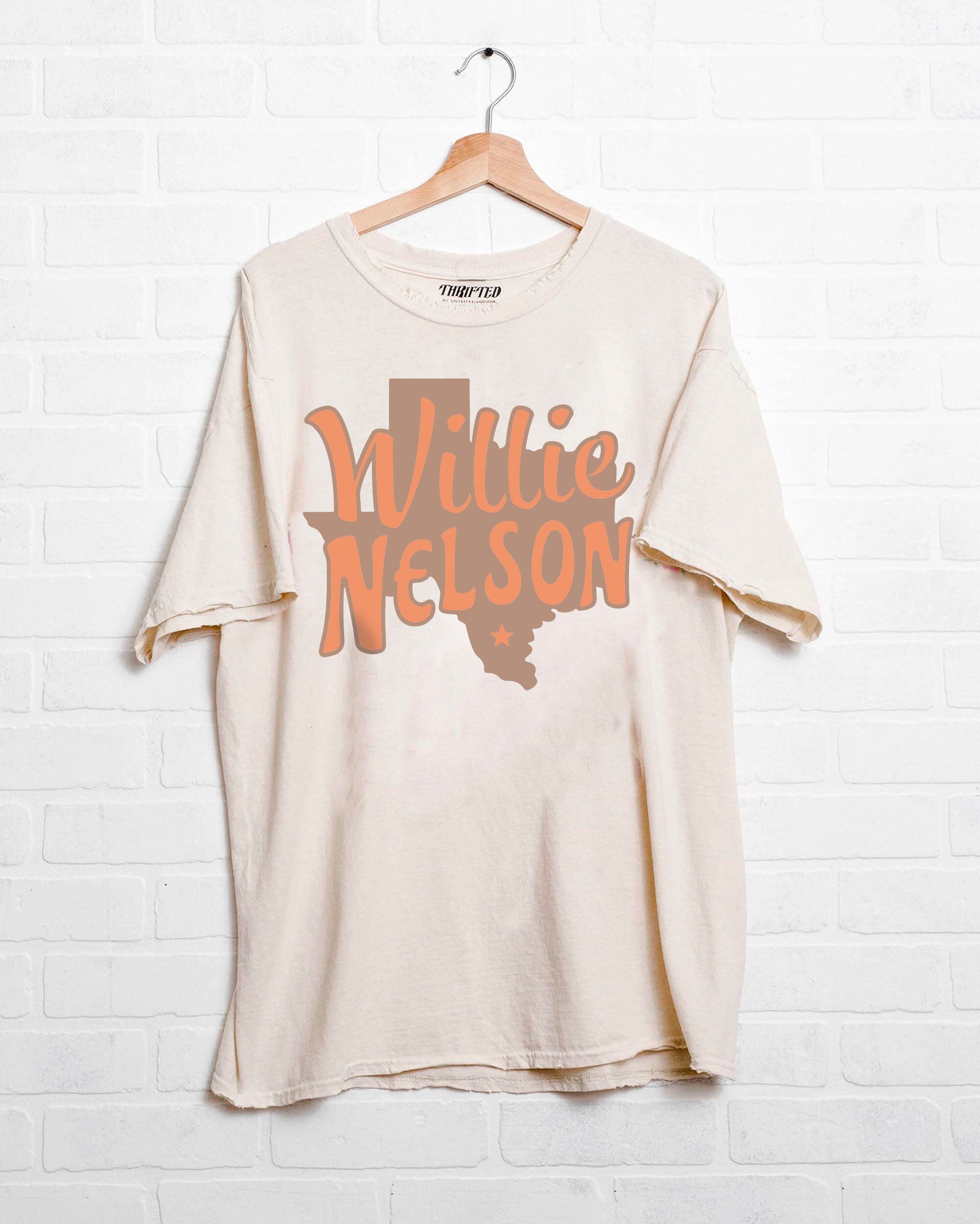 Willie Nelson Orange Texas Off White Thrifted Tee - shoplivylu
