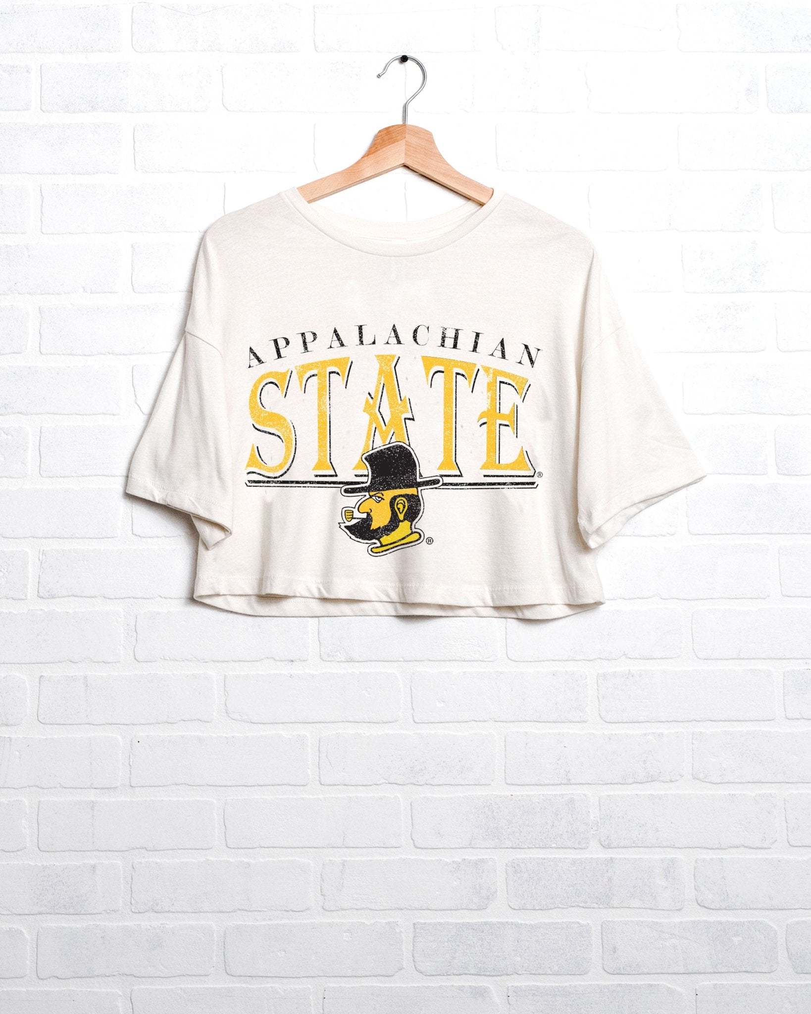 App State 80s White Cropped Tee - shoplivylu