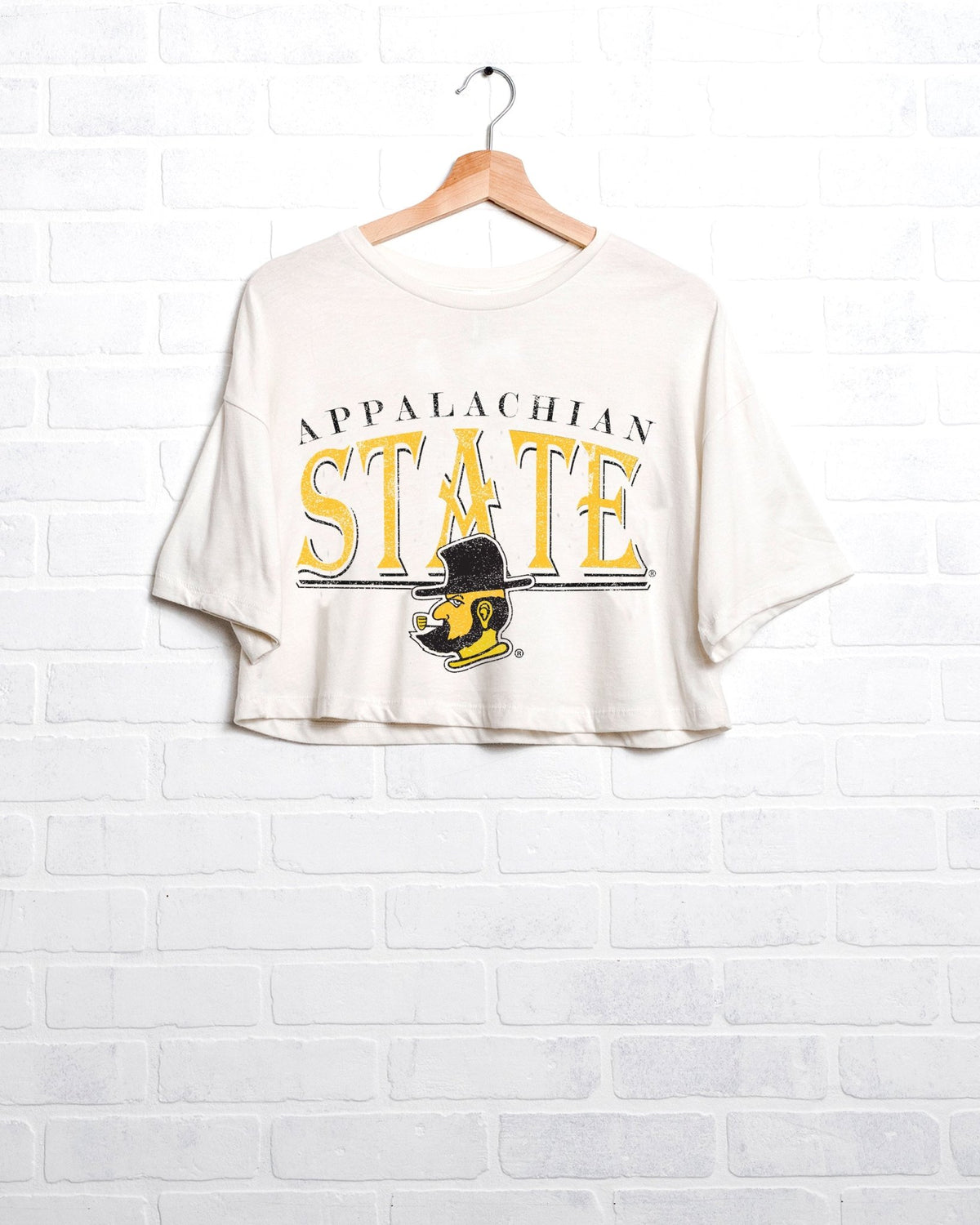 App State 80s White Cropped Tee - shoplivylu
