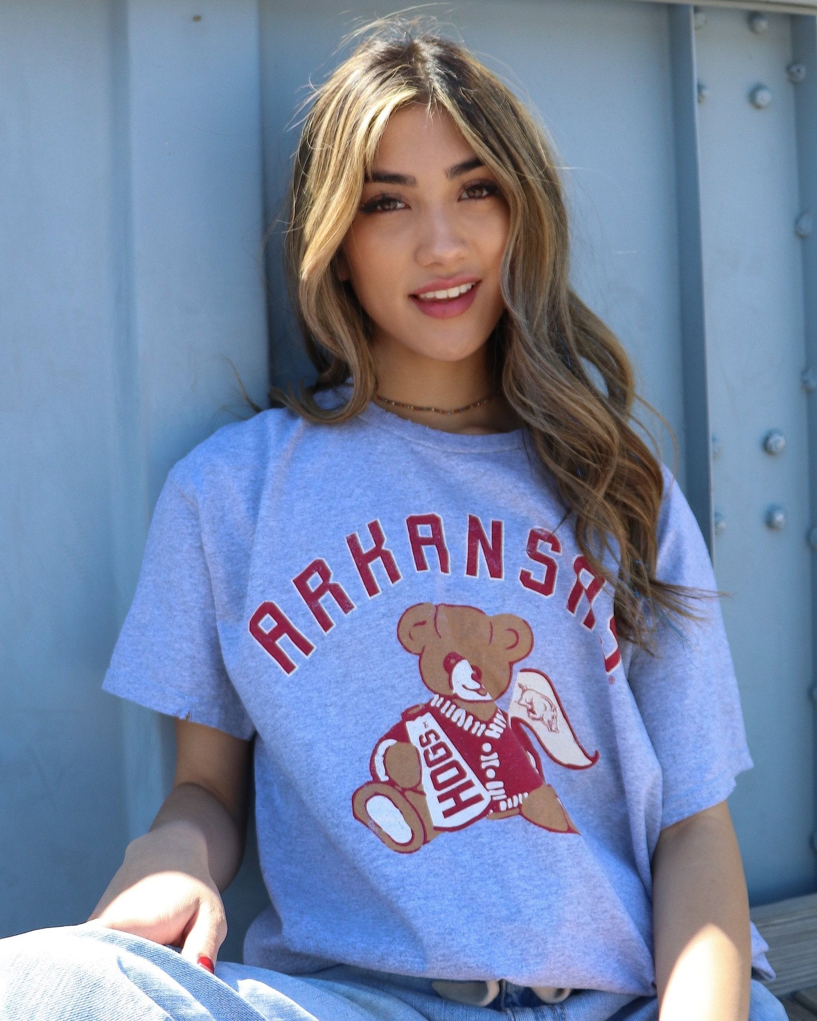 Arkansas Bear Gray Thrifted Tee - shoplivylu