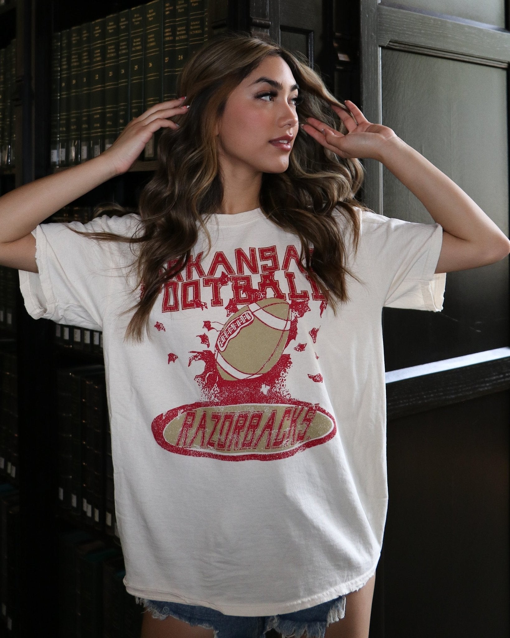 Arkansas Football Party Off White Thrifted Tee - shoplivylu