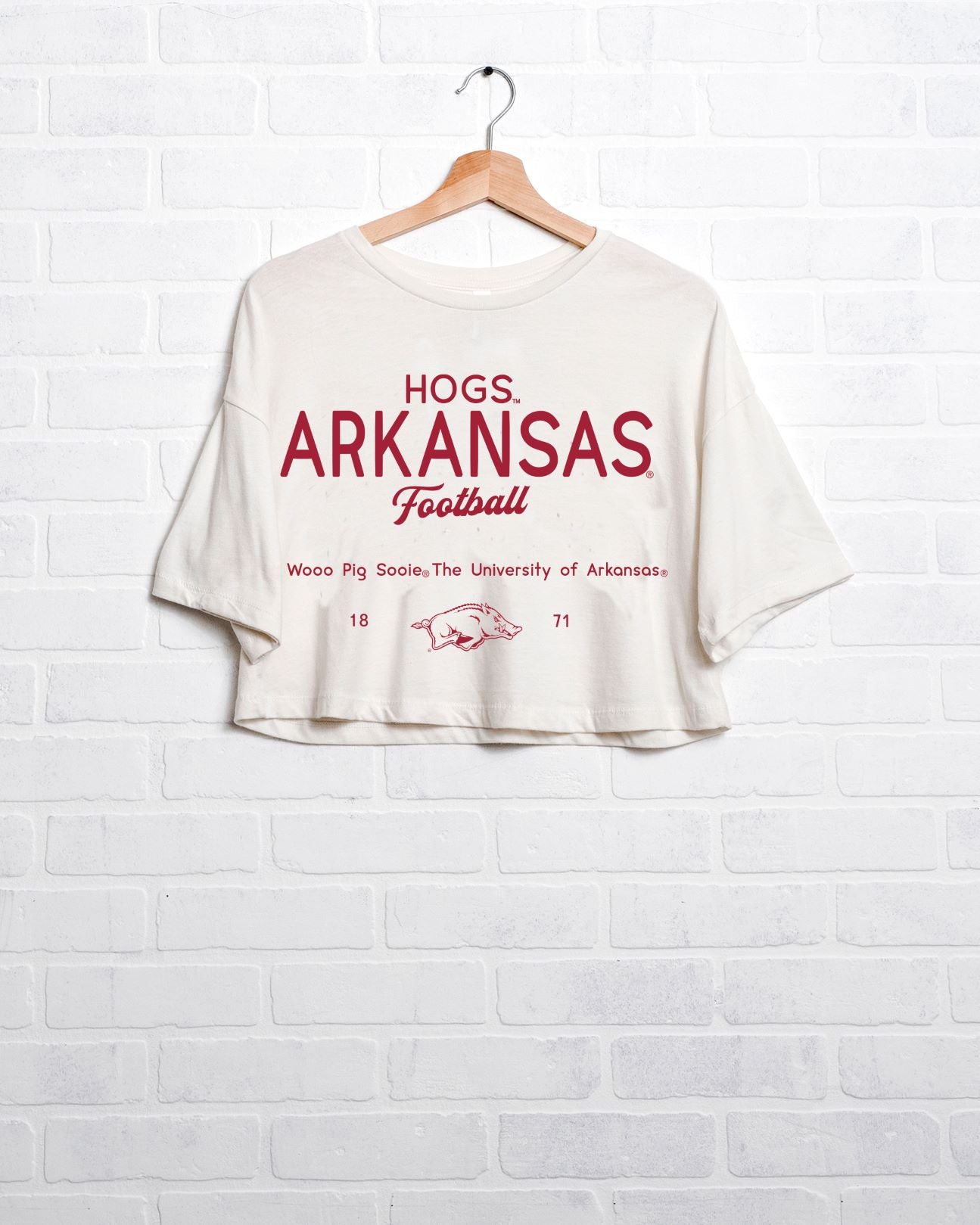 Arkansas Razorbacks Shot Off White Cropped Tee - shoplivylu
