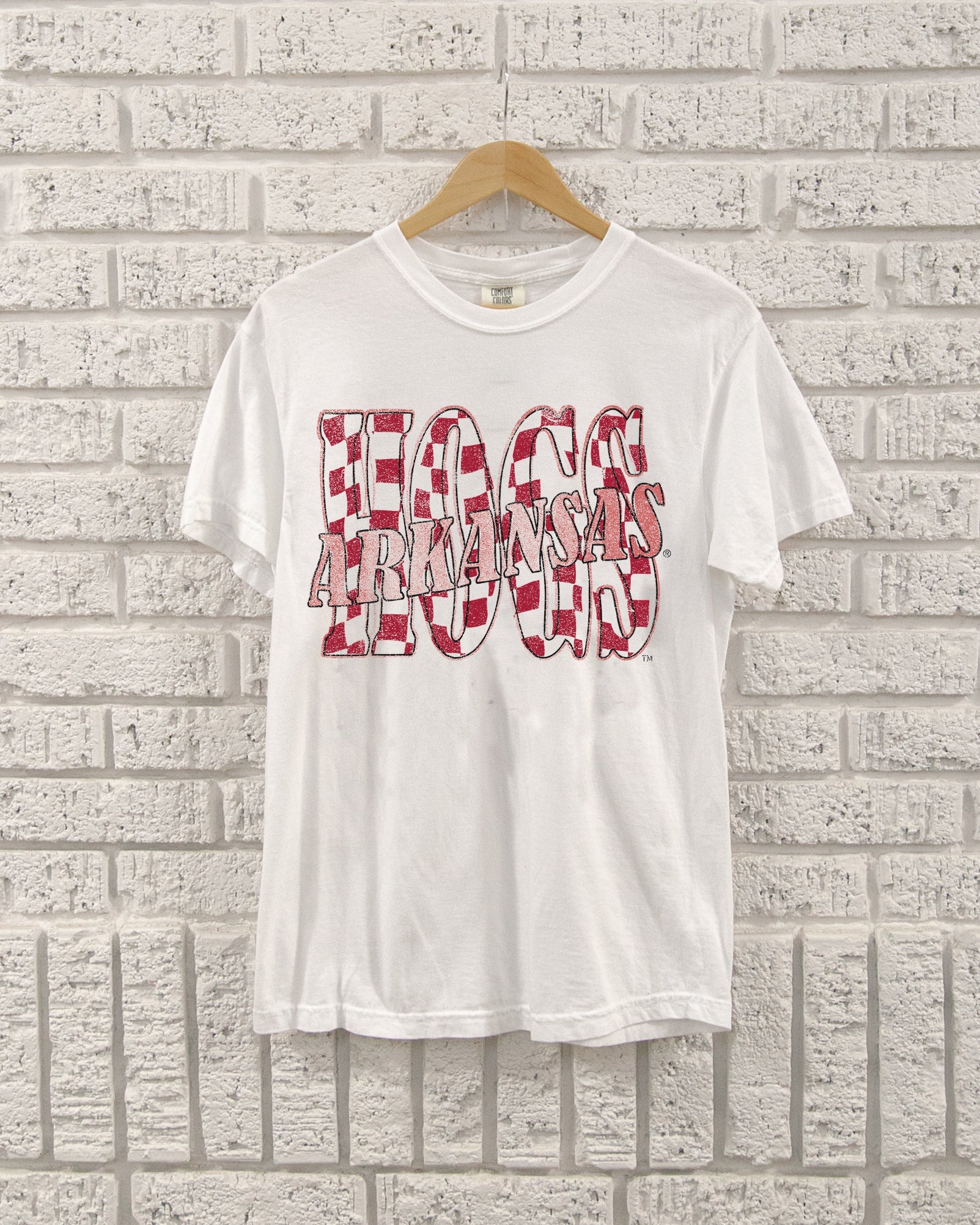 Arkansas Razorbacks Twisted Check White Tee - shoplivylu
