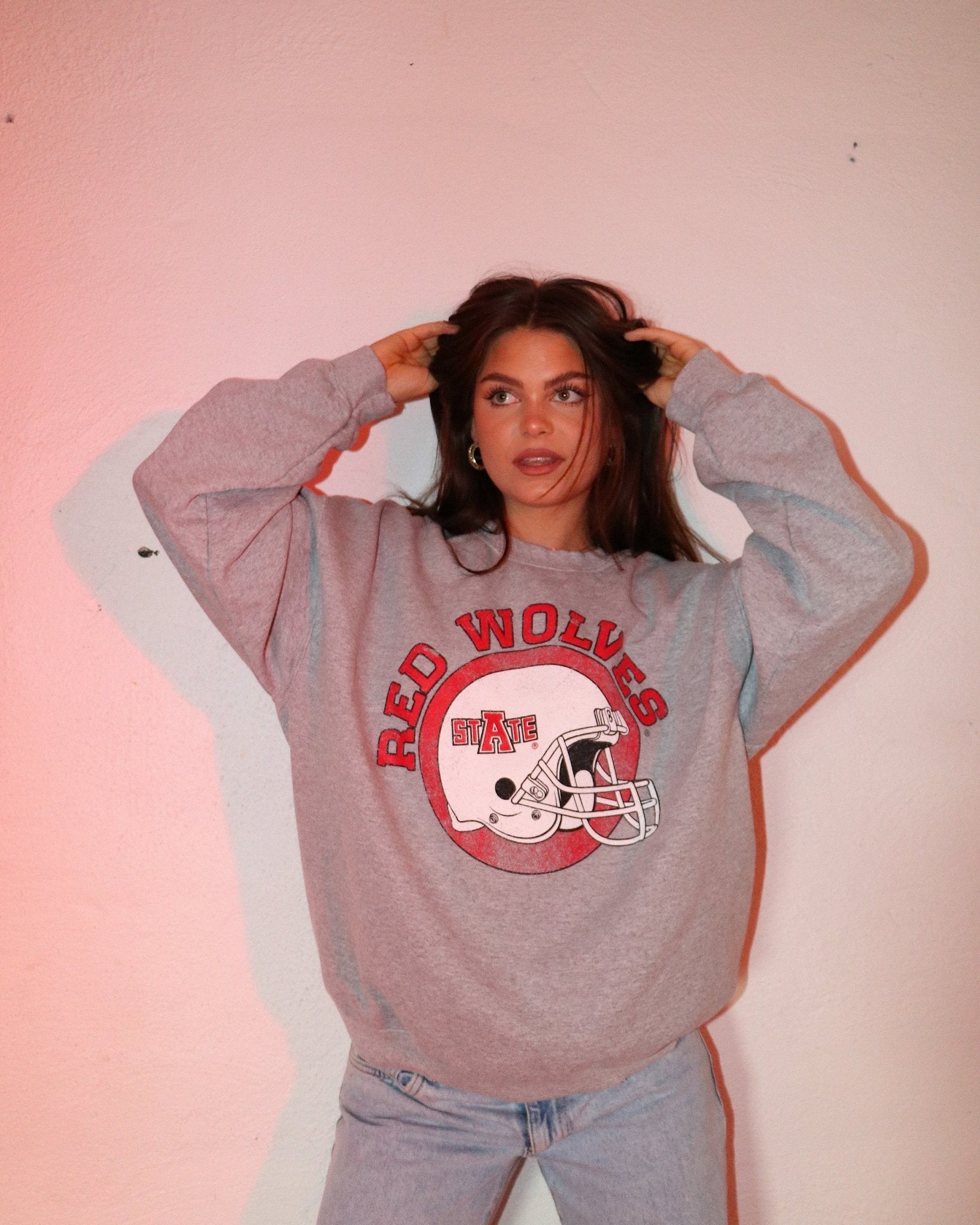 Arkansas State Red Wolves Helmet Circle Gray Thrifted Sweatshirt - shoplivylu