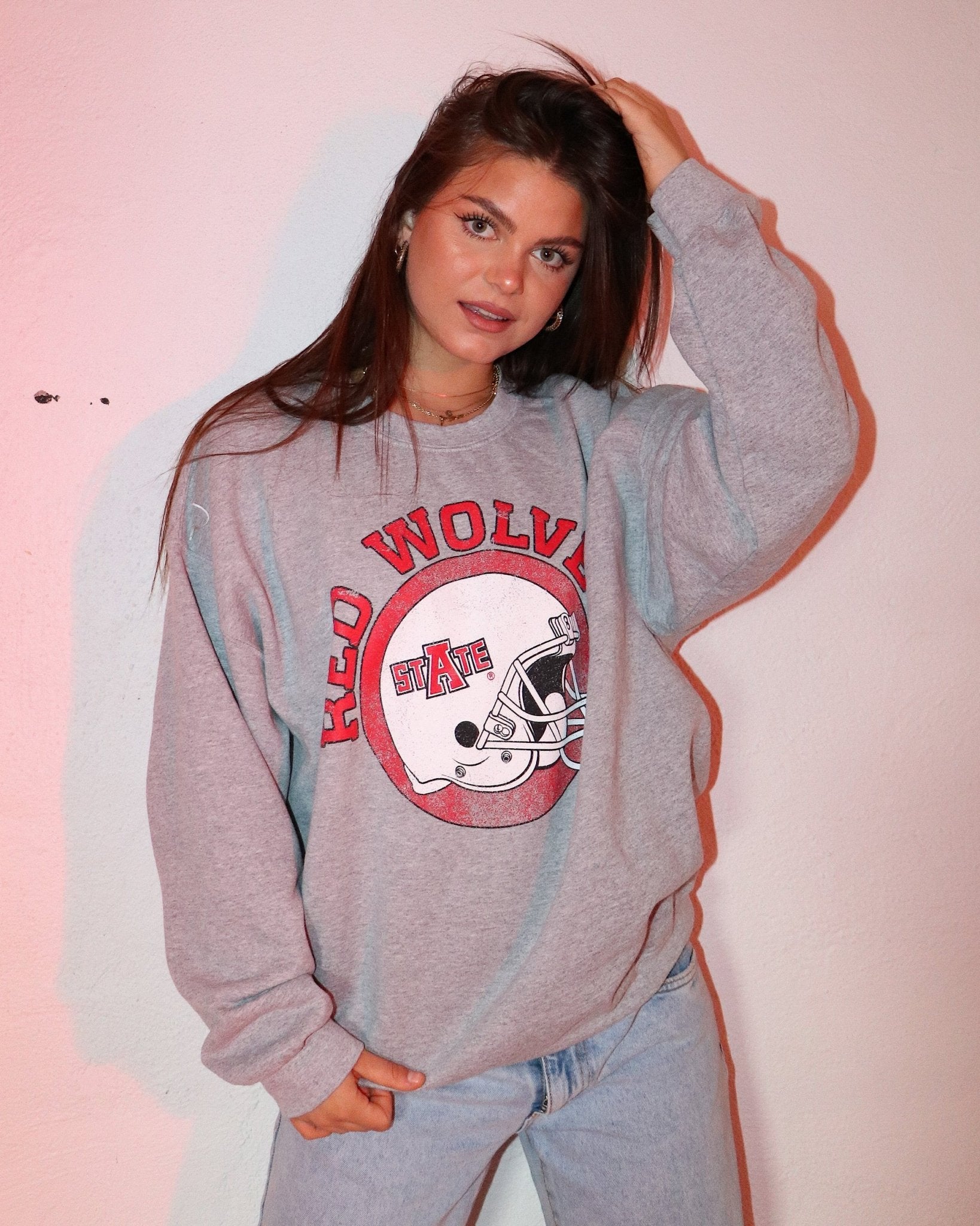 Arkansas State Red Wolves Helmet Circle Gray Thrifted Sweatshirt - shoplivylu