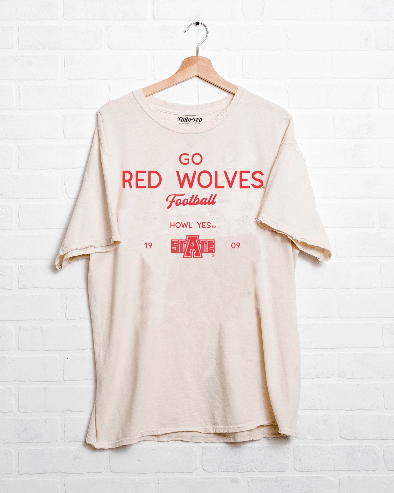Arkansas State Red Wolves Shot Off Off White Thrifted Tee - shoplivylu