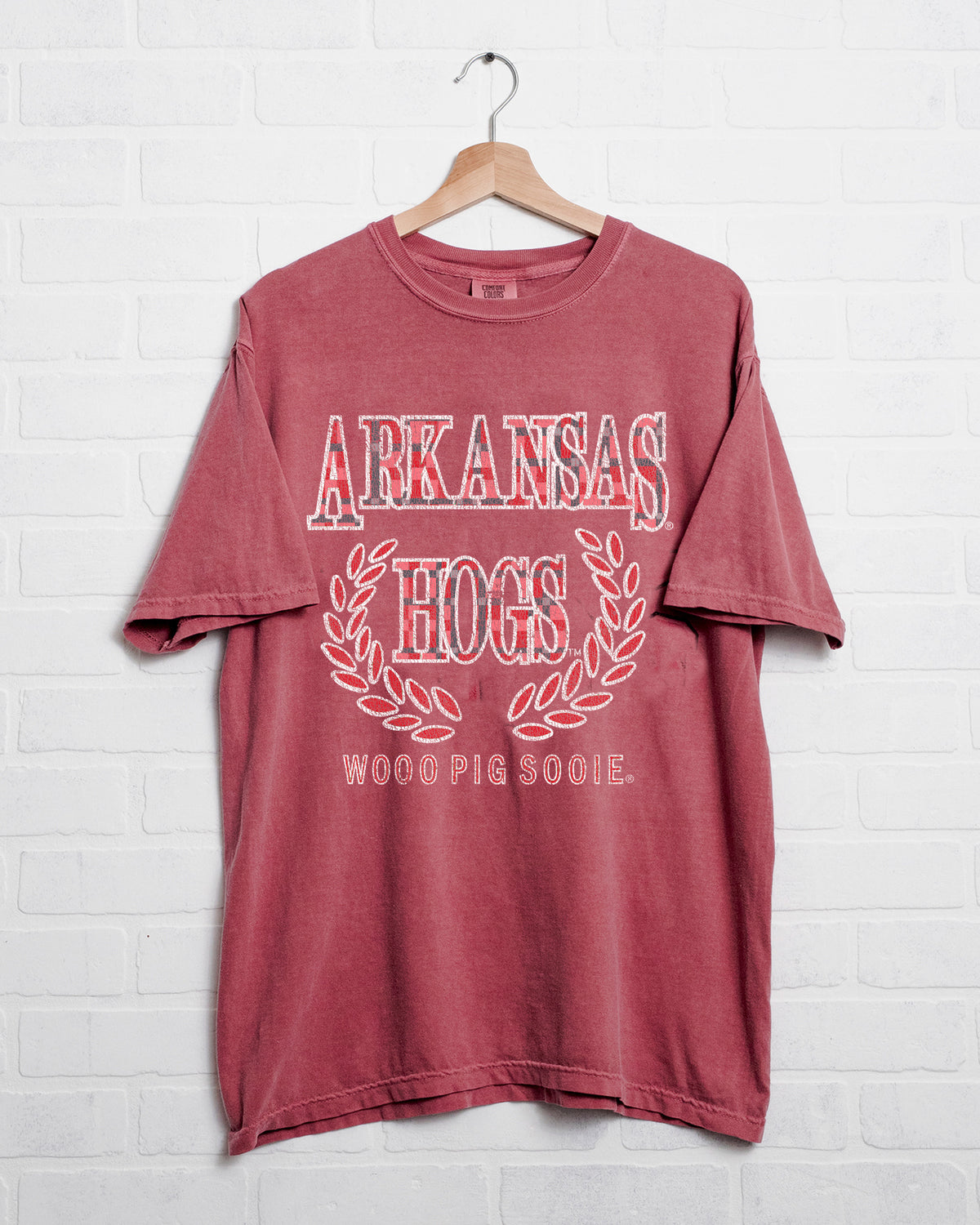 Arkansas Razorbacks Plaid Crest Cardinal Tee - shoplivylu