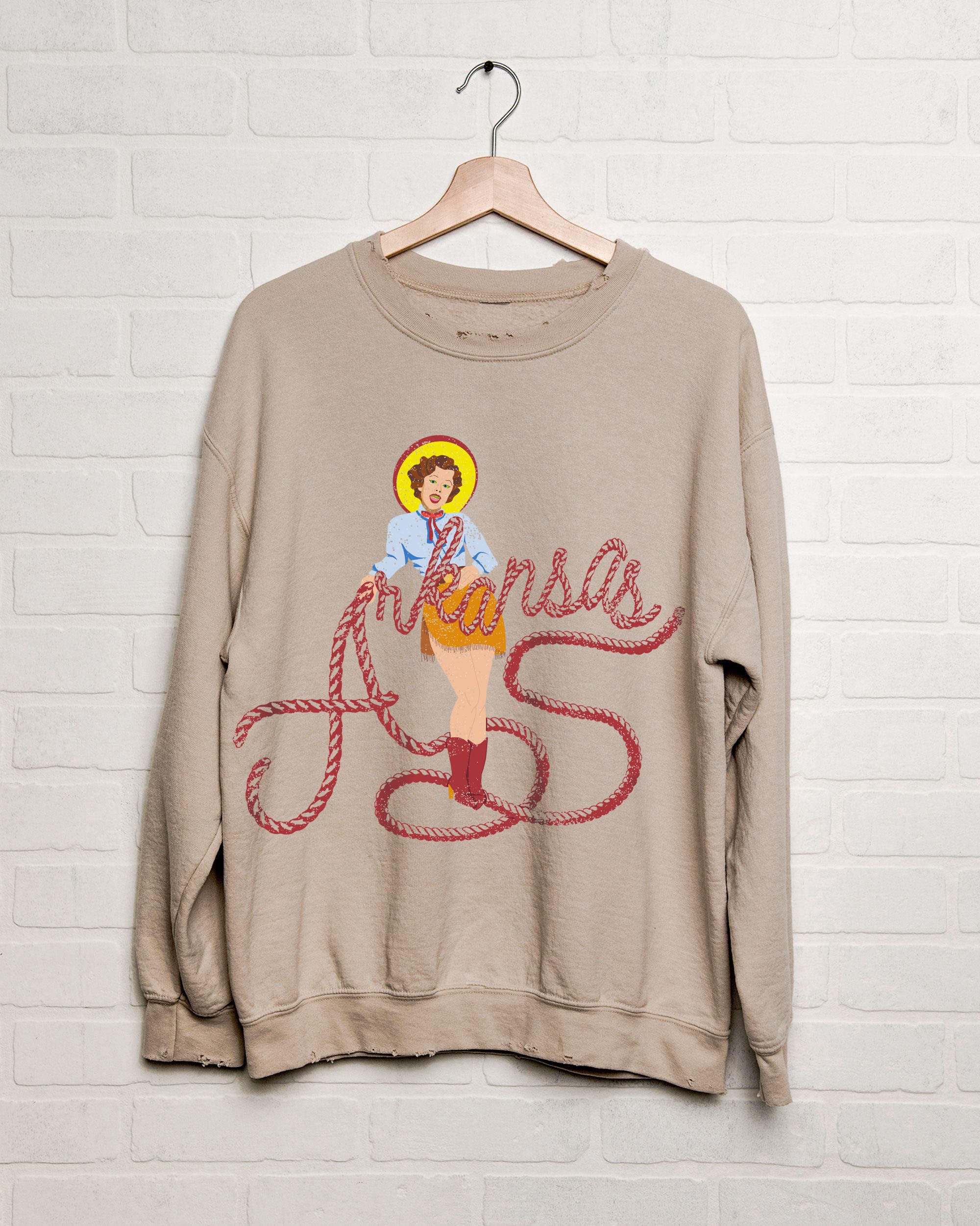 Arkansas Cowgirl Sand Thrifted Sweatshirt - shoplivylu