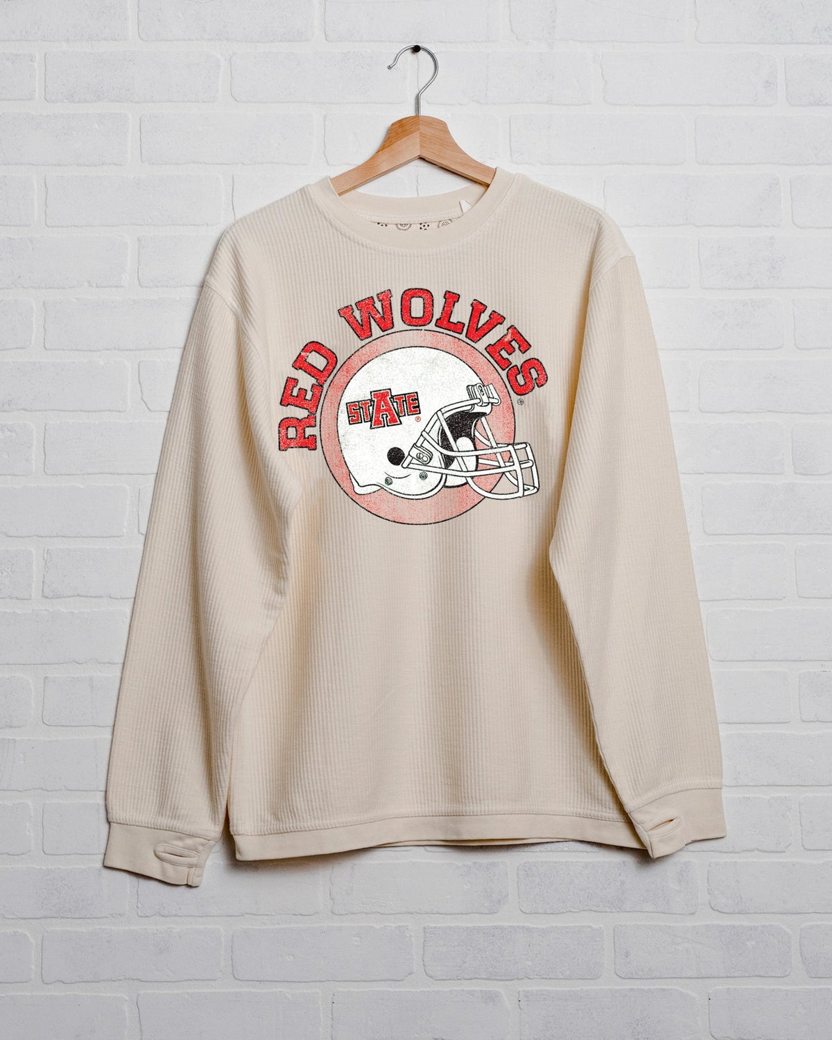 ASU Red Wolves Helmet Circle Ivory Corded Crew Sweatshirt - shoplivylu
