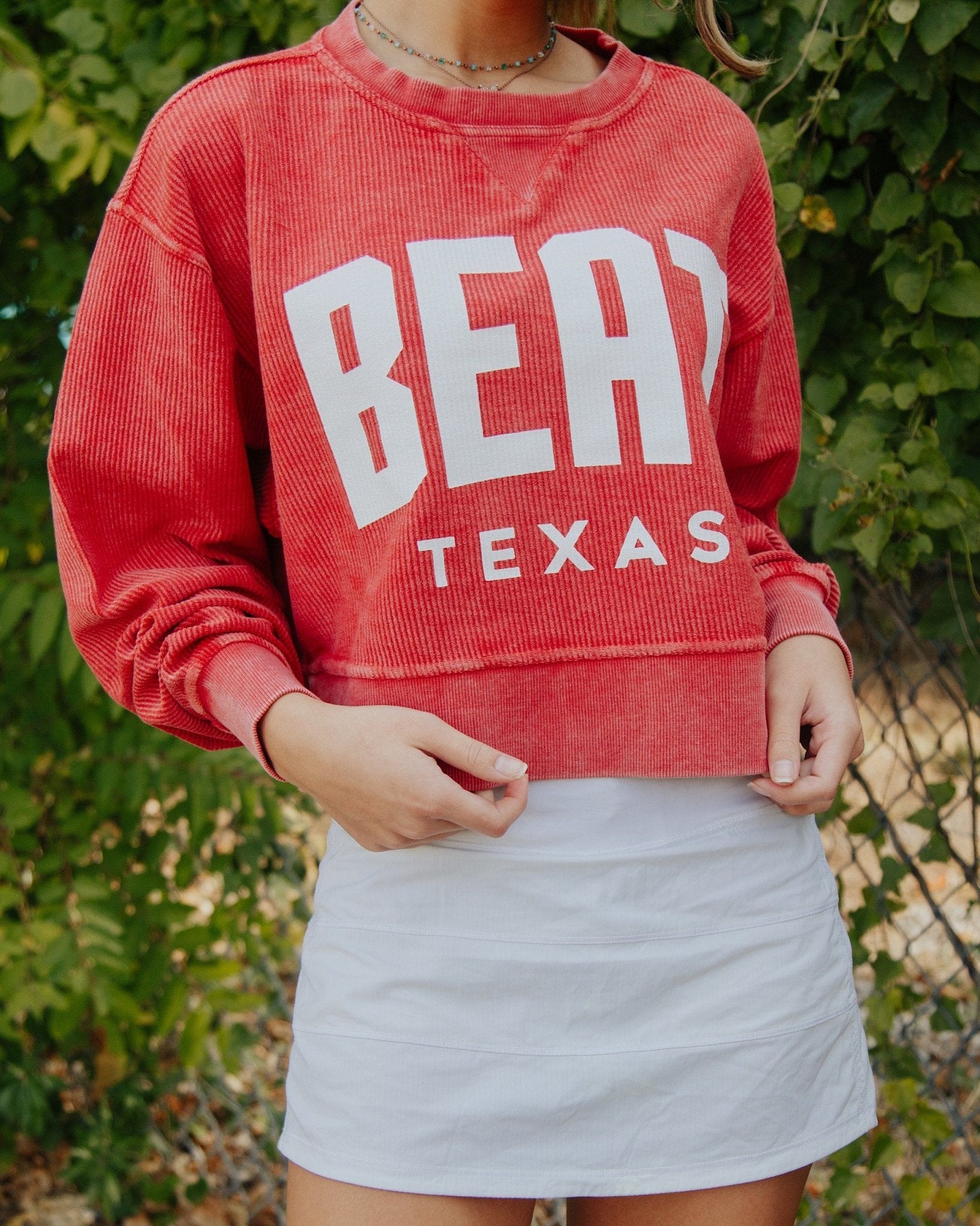 Beat Texas Gault Crimson Corded Crew Cropped Sweatshirt - shoplivylu
